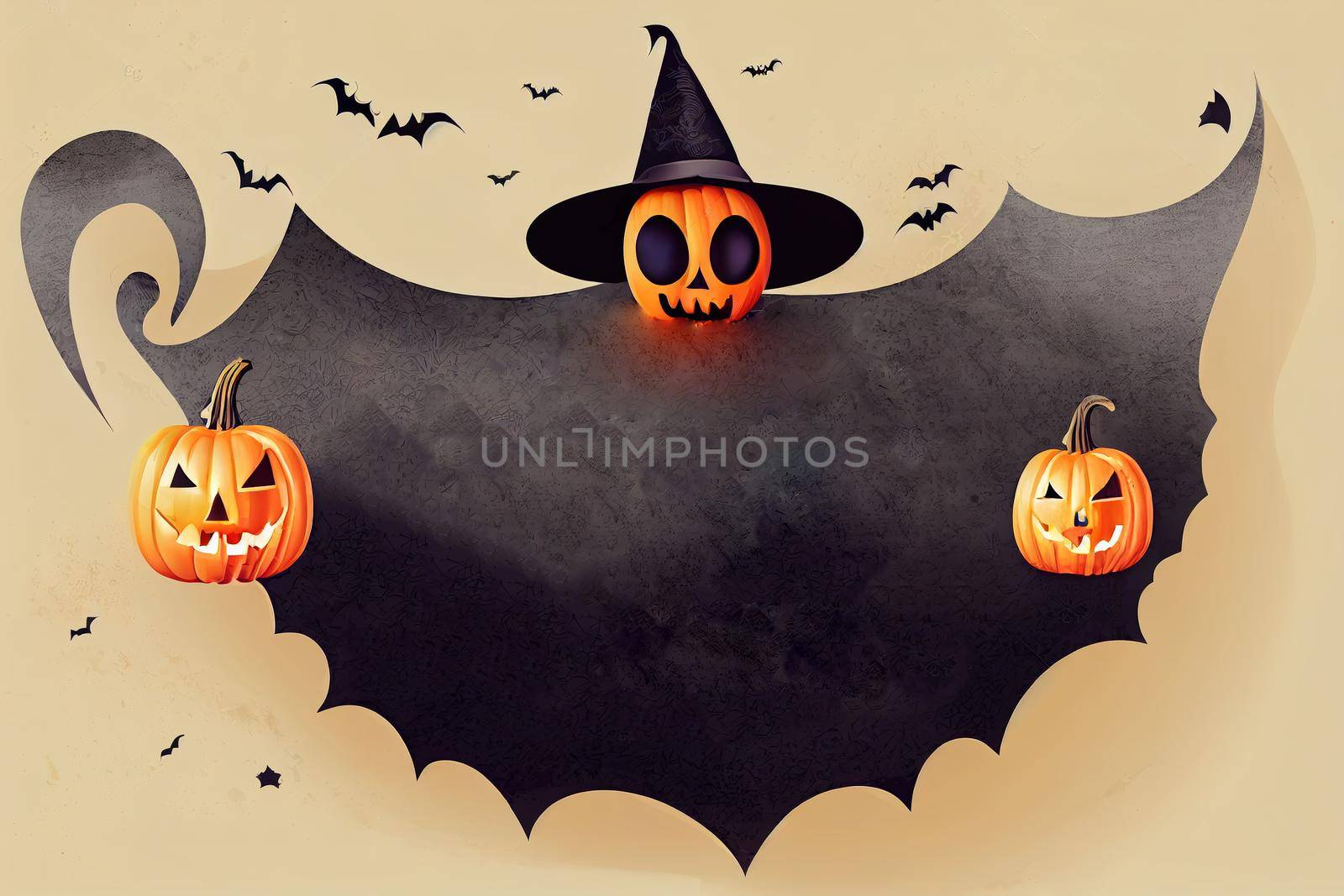 Halloween background. Place for your text. frame with pumpkin, witch hat, bat candy, cake and spider web. Trick or treat concept. Creative design for invitation and party.