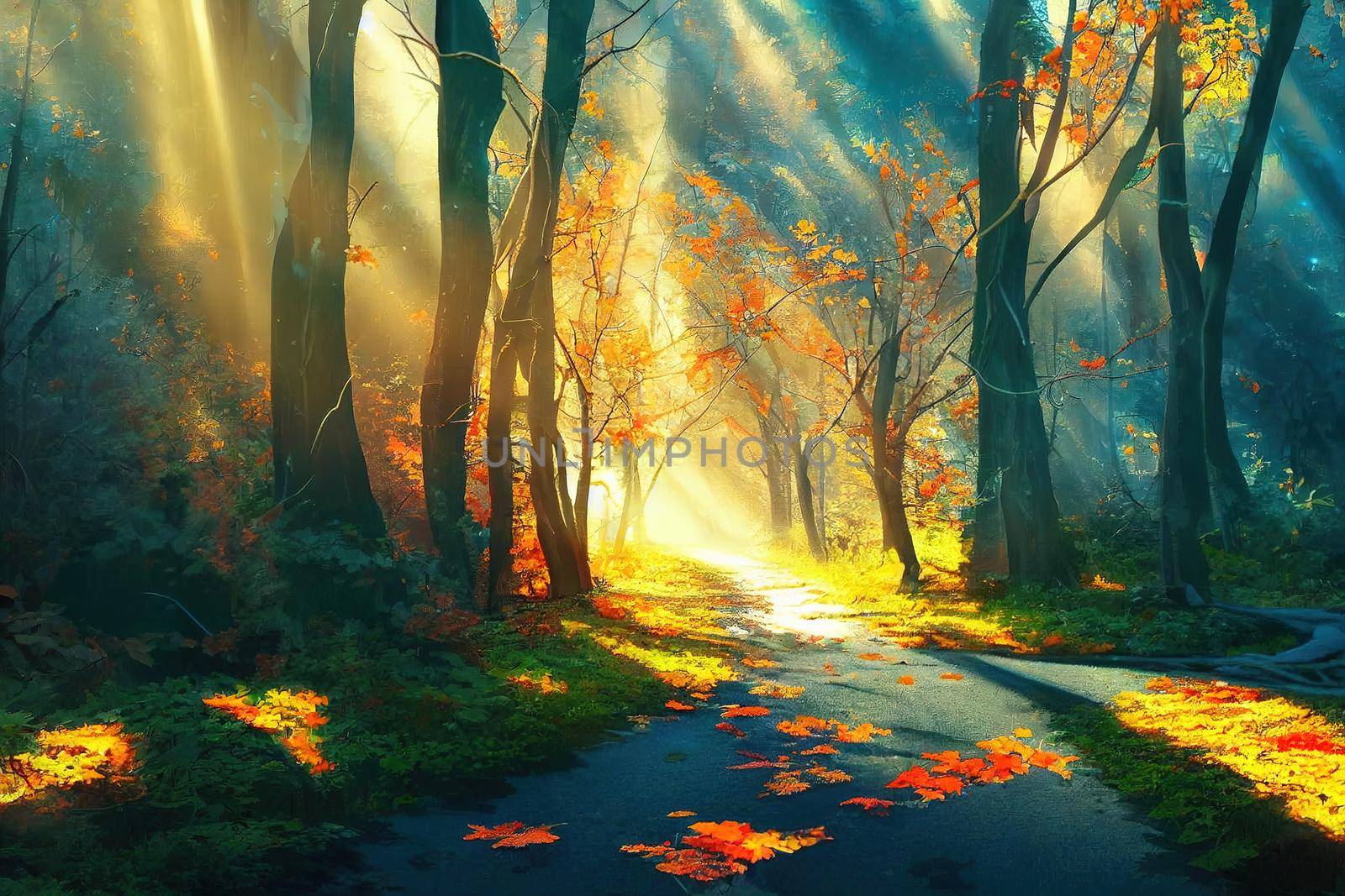 Autumn forest nature. Vivid morning in colorful forest with sun rays through branches of trees. Scenery of nature with sunlight, anime style, style, toon,