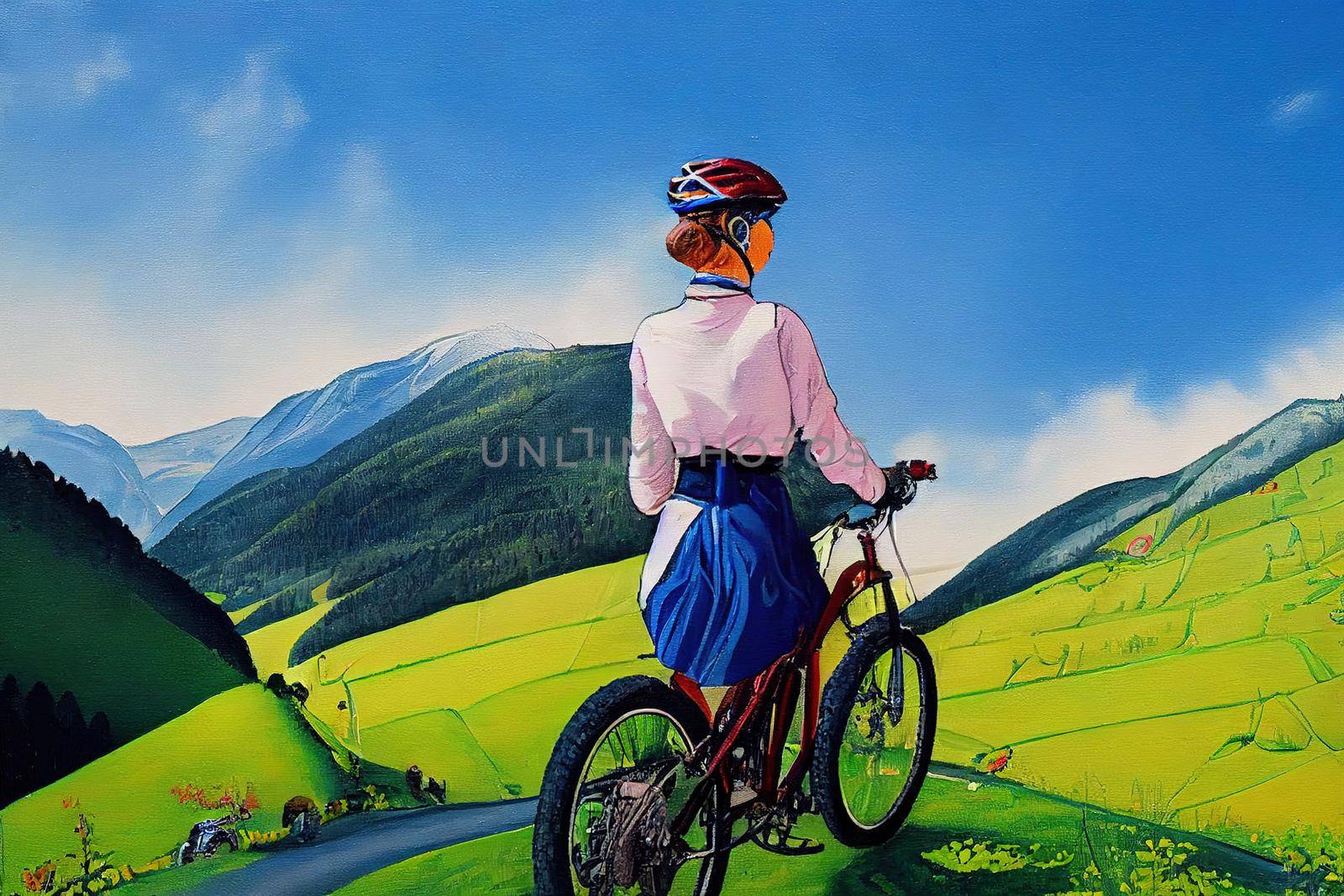 pretty senior woman riding her electric mountain bike in the Allgaeu mountains above Oberstaufen , Allgau Alps, Bavaria Germany, Hand painting, painting