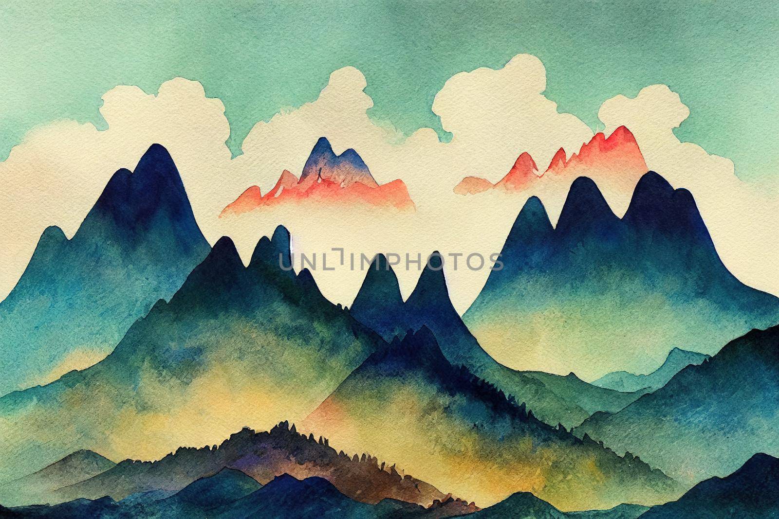 watercolor mountains, toon style, cartoon style