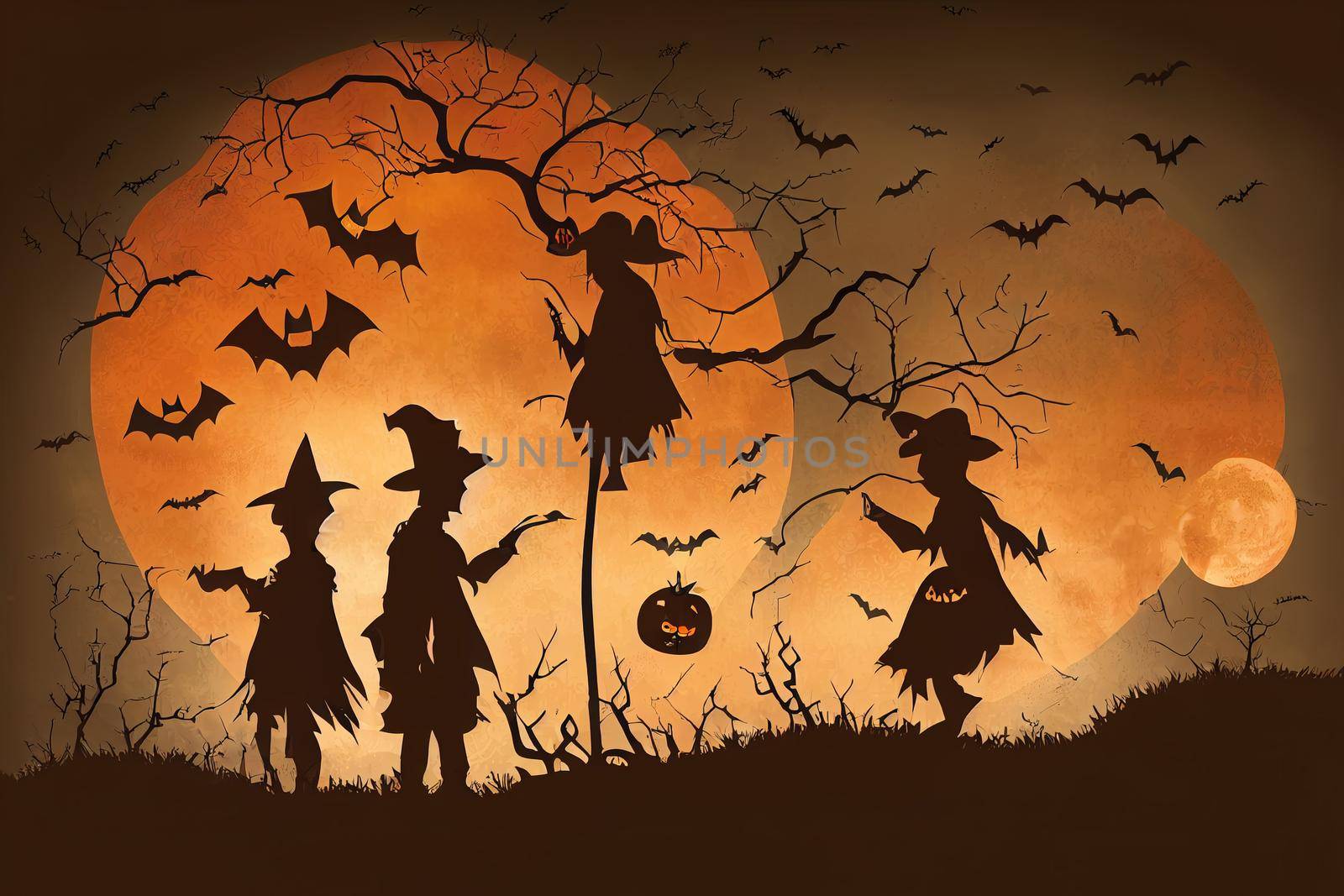 Halloween background with silhouettes of children trick or treating in Halloween costume
