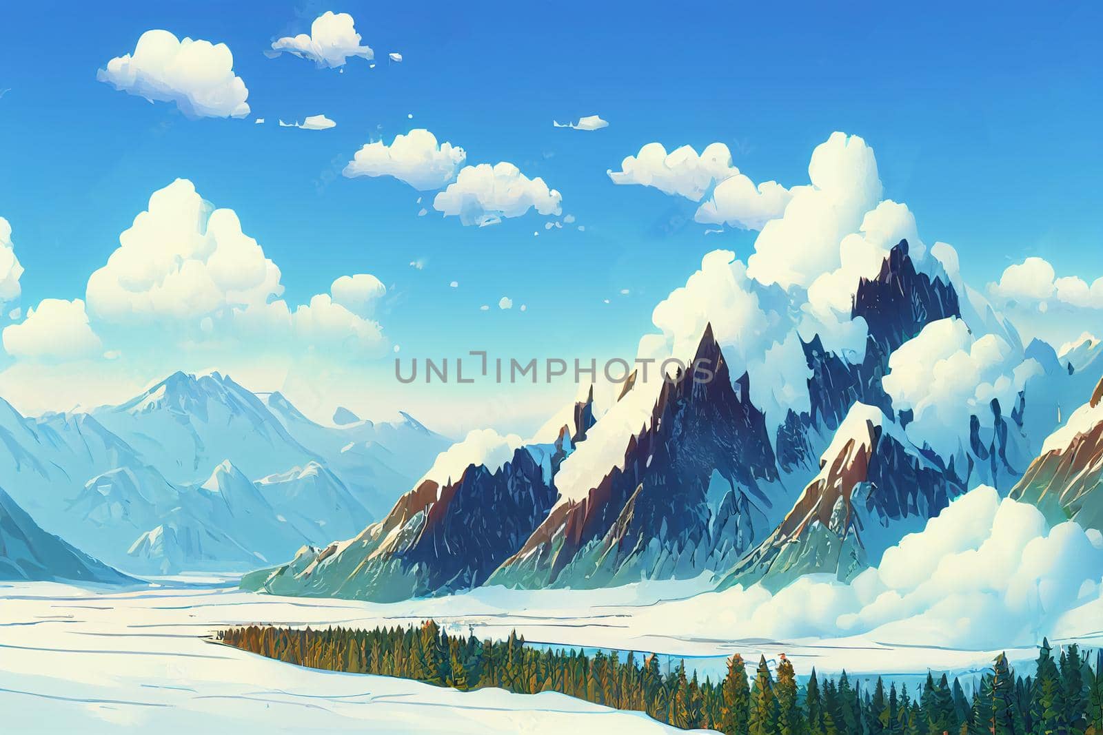 Picturesque mountain valley scenic view, Marvelous mountain range, Altai mountains, Belukha Mountain wall view, Akkem glacier anime style, cartoon style toon style