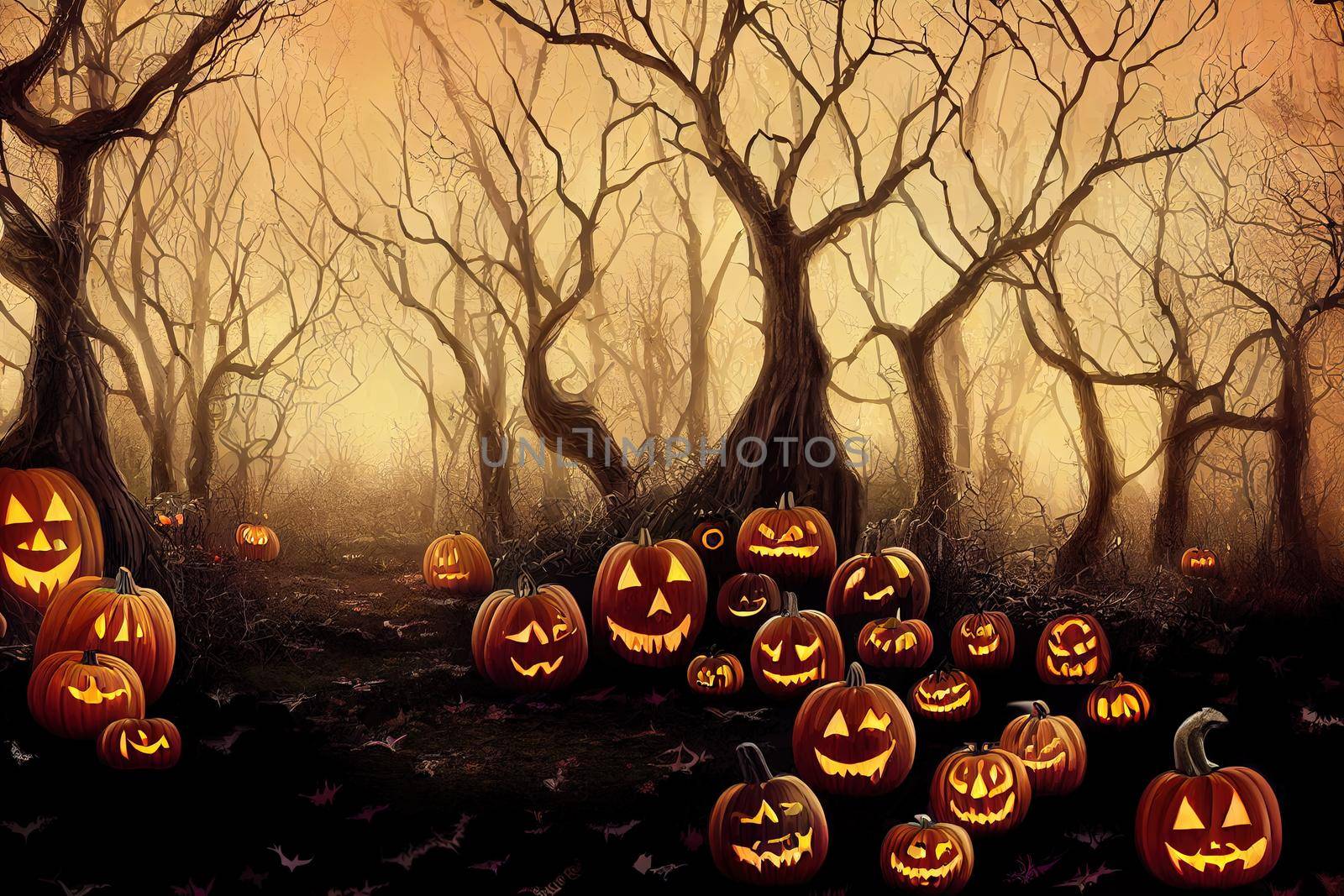 Halloween background. Spooky forest with dead trees and pumpkins.Halloween design with pumpkins