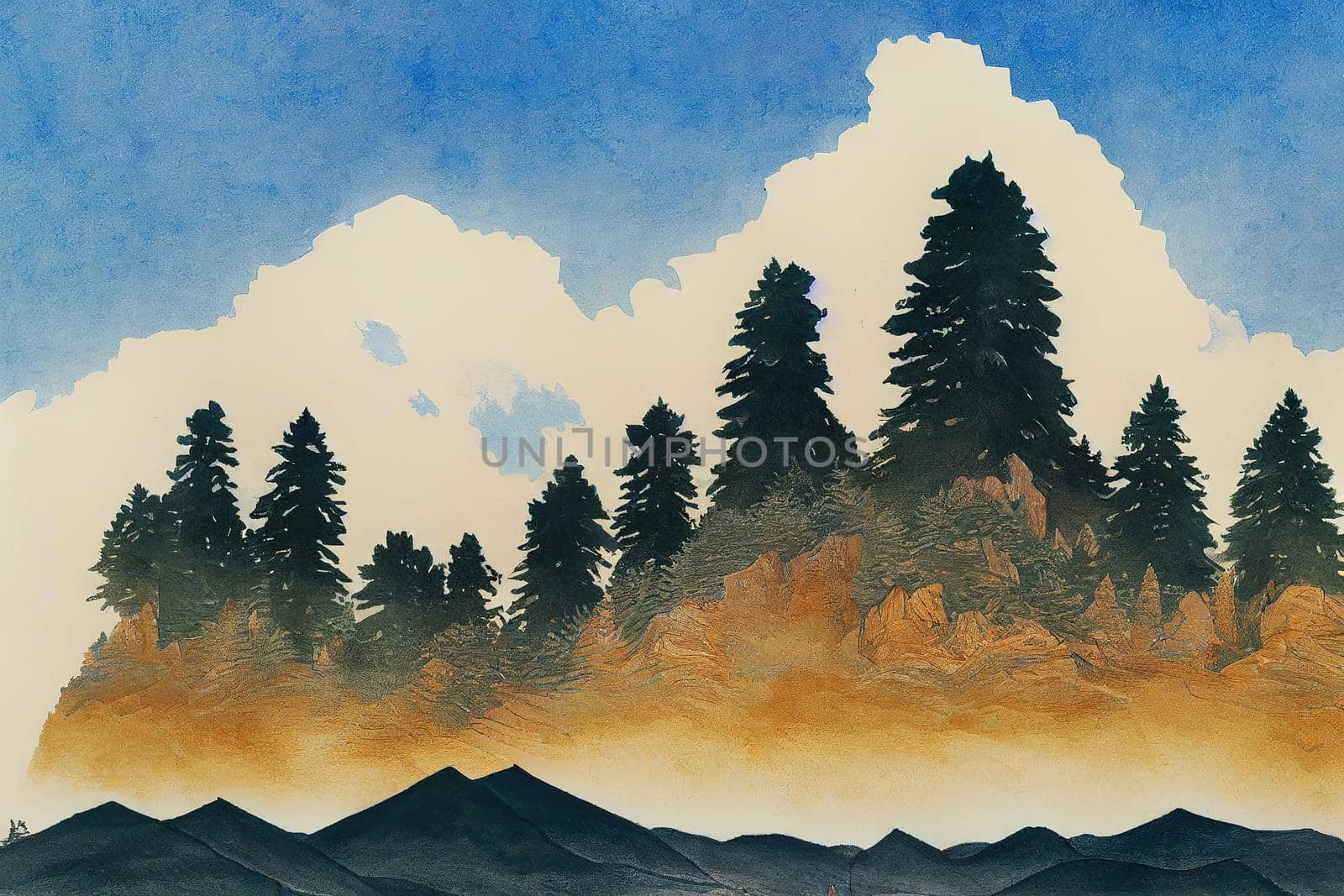 Panoramic Landscape of pine trees and rock mountain with blue sky, drawing style, hand draw style