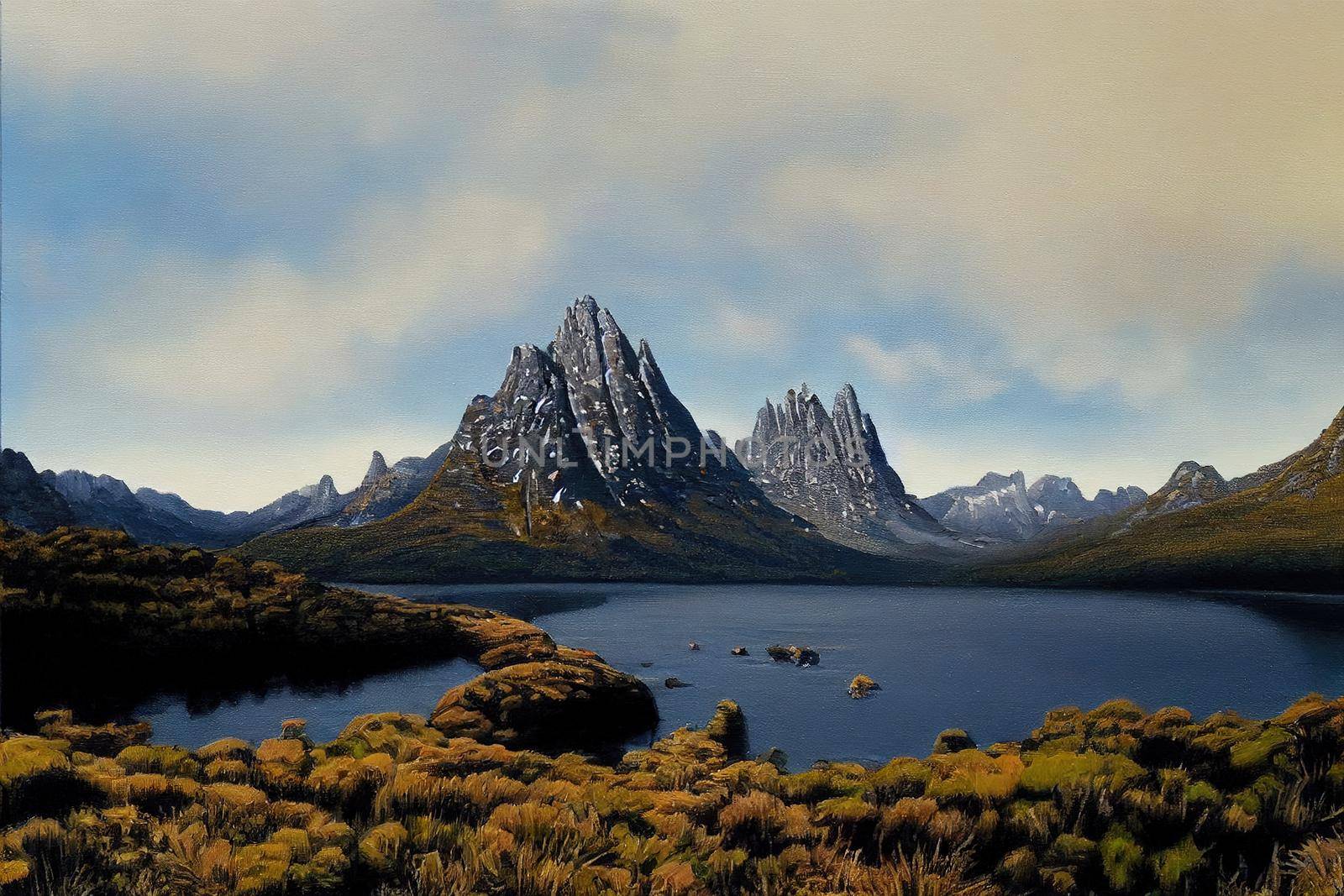 The Cradle Mountain is a mountain in the Central Highlands region of Tasmania, Australia, The mountain is situated in the Cradle Mountain-Lake St Clair National Park,, Hand painting, painting