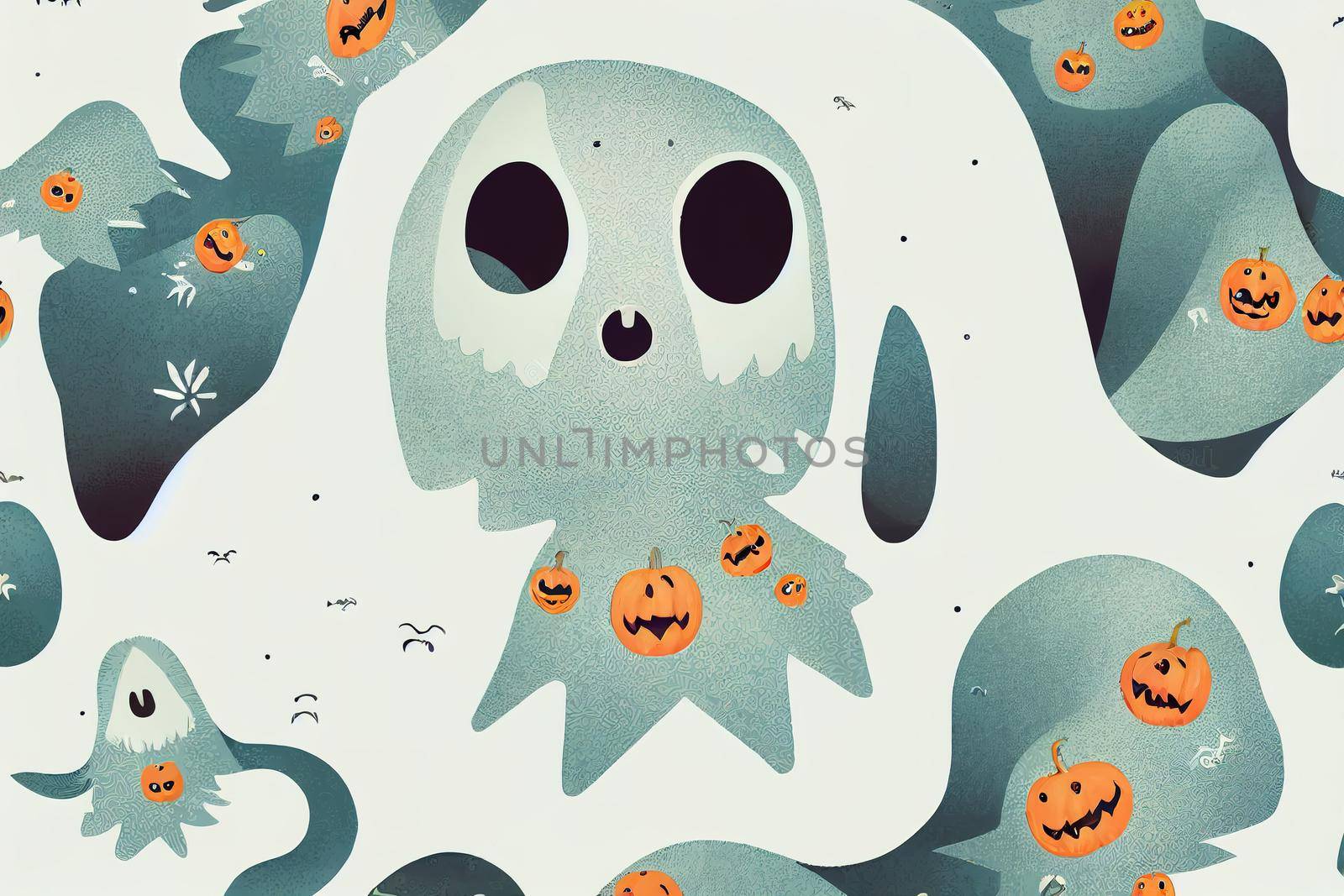 Graphic set of cartoon illustration and pattern with cute ghost. For children's T-shirt print, textile, Halloween decoration, wrapping paper, etc.