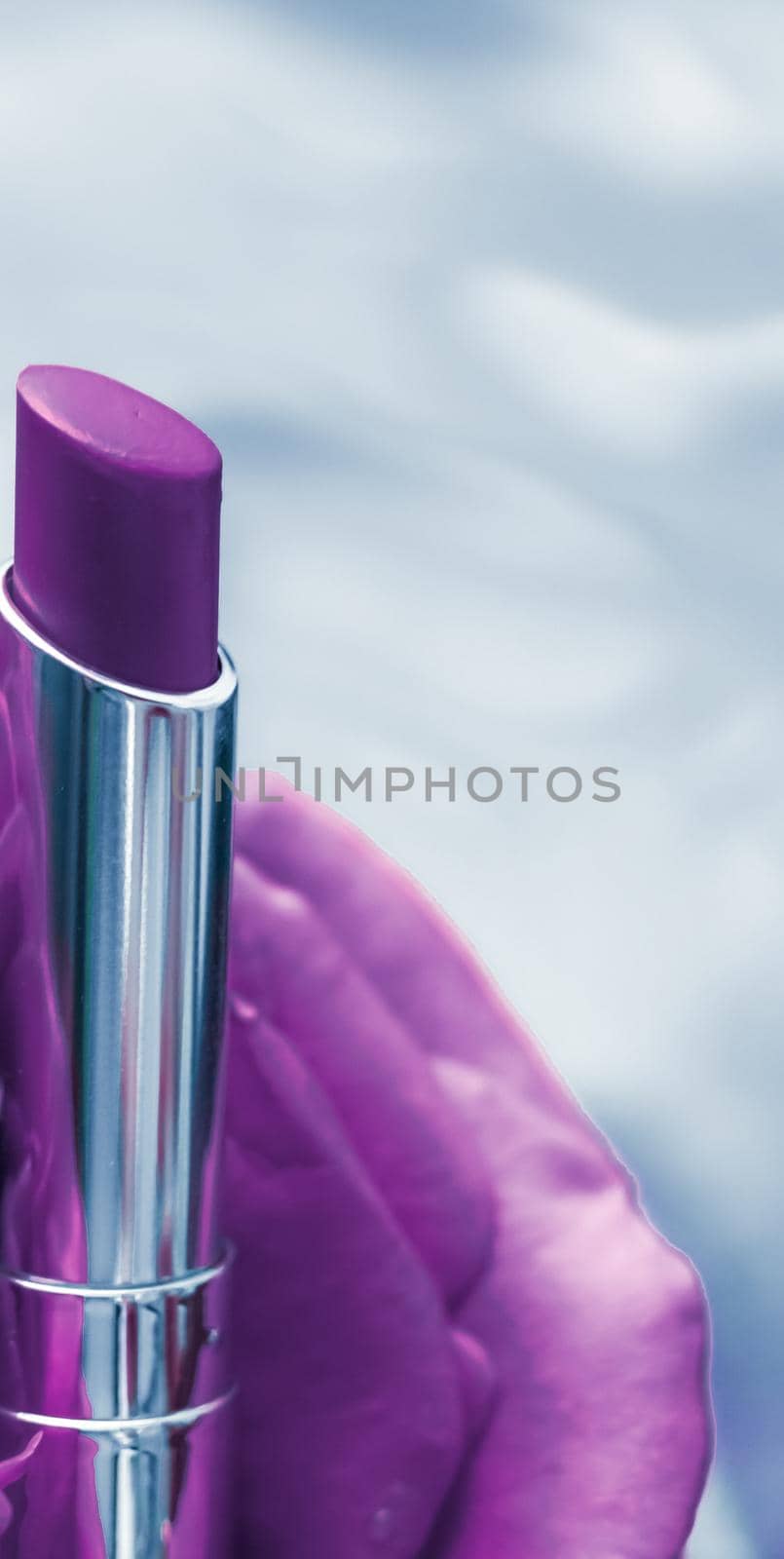 Cosmetic branding, luxe and fashion concept - Purple lipstick and rose flower on liquid background, waterproof glamour make-up and lip gloss cosmetics product for luxury beauty brand holiday design