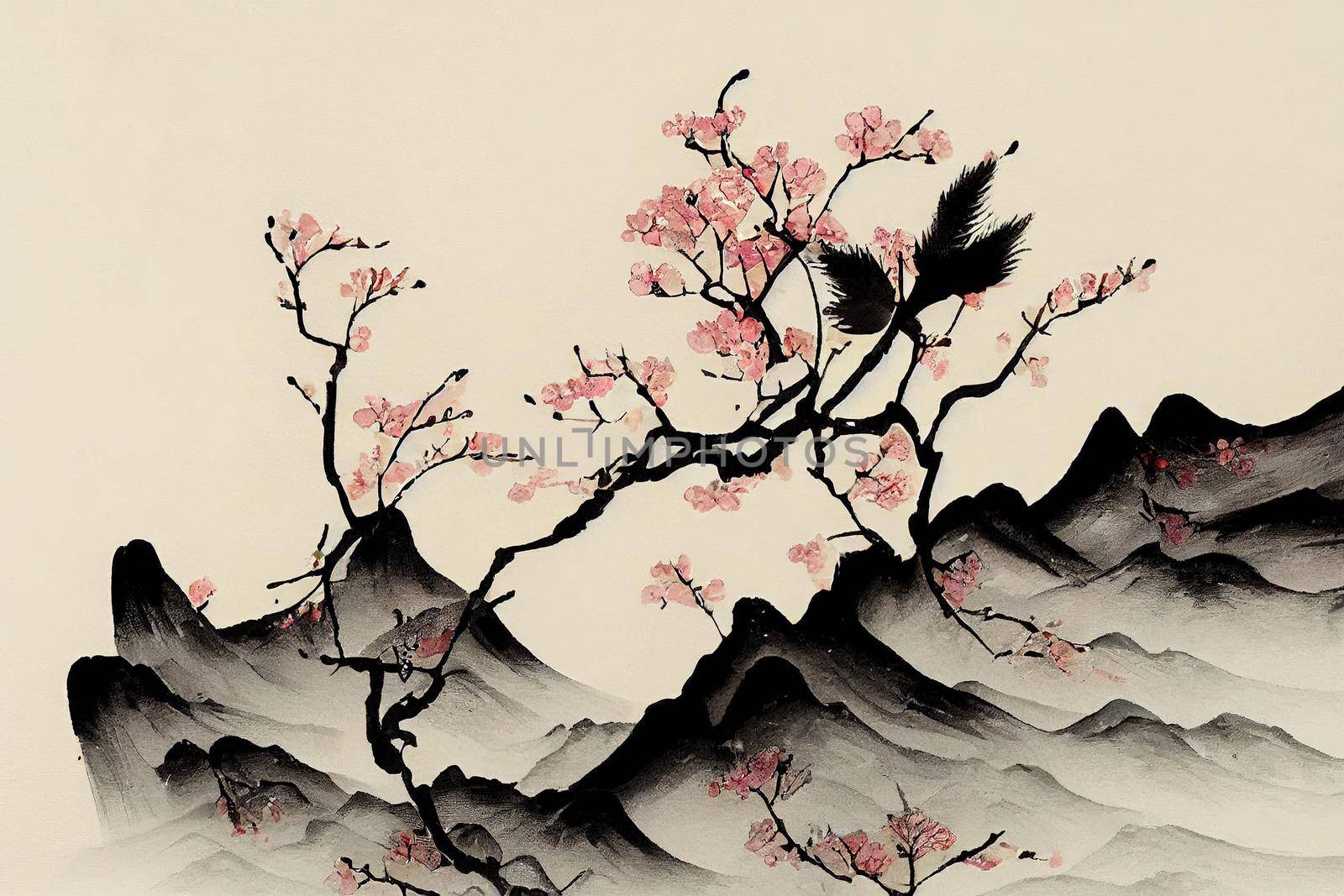 Blossoming sakura branches and misty mountains with gentle slopes, Traditional oriental ink painting sumi-e, u-sin, go-hua,, toon style, cartoon style