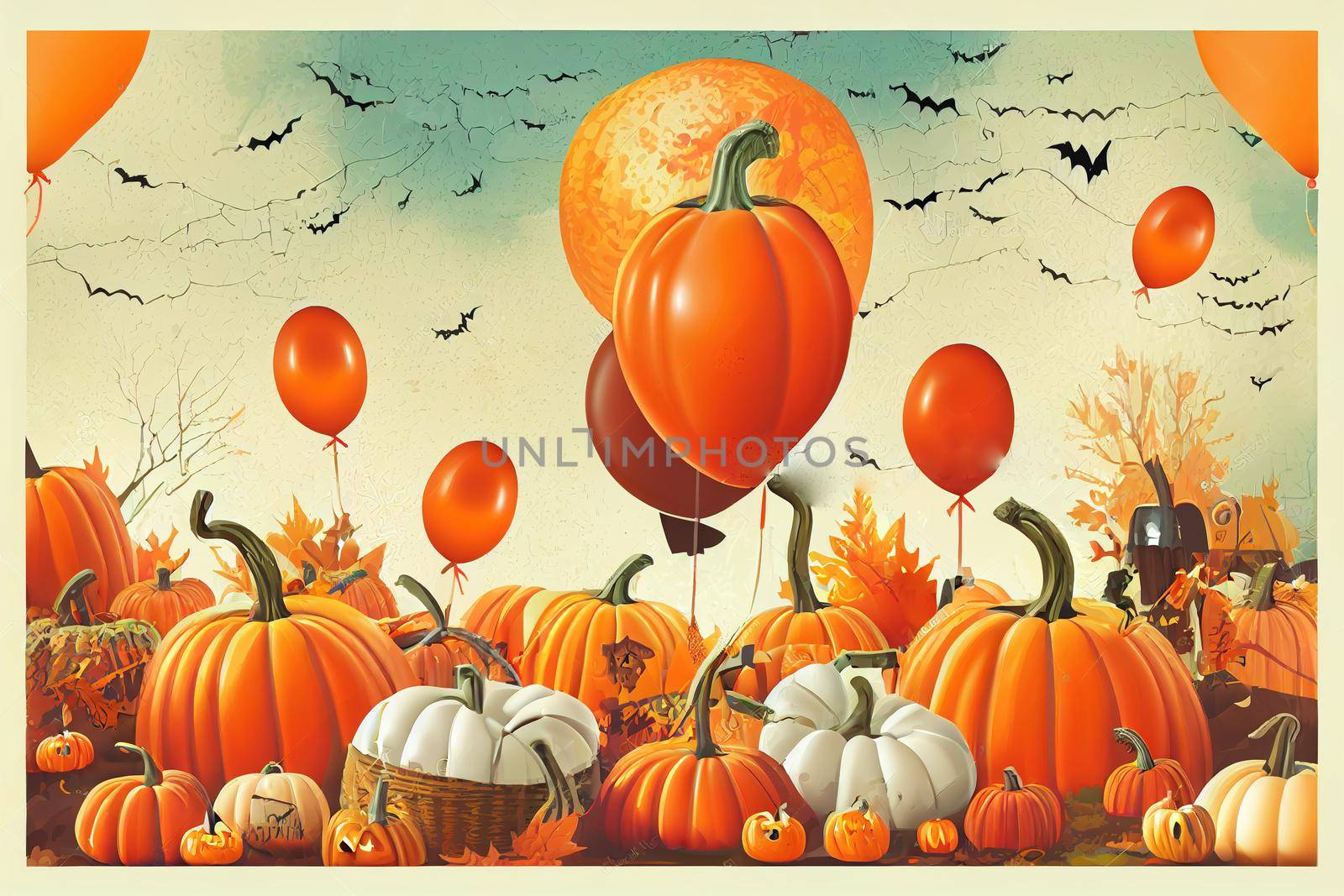 Halloween background, funny pumpkins, balloons and candies. Greeting card for party and sale. Autumn holidays. illustration