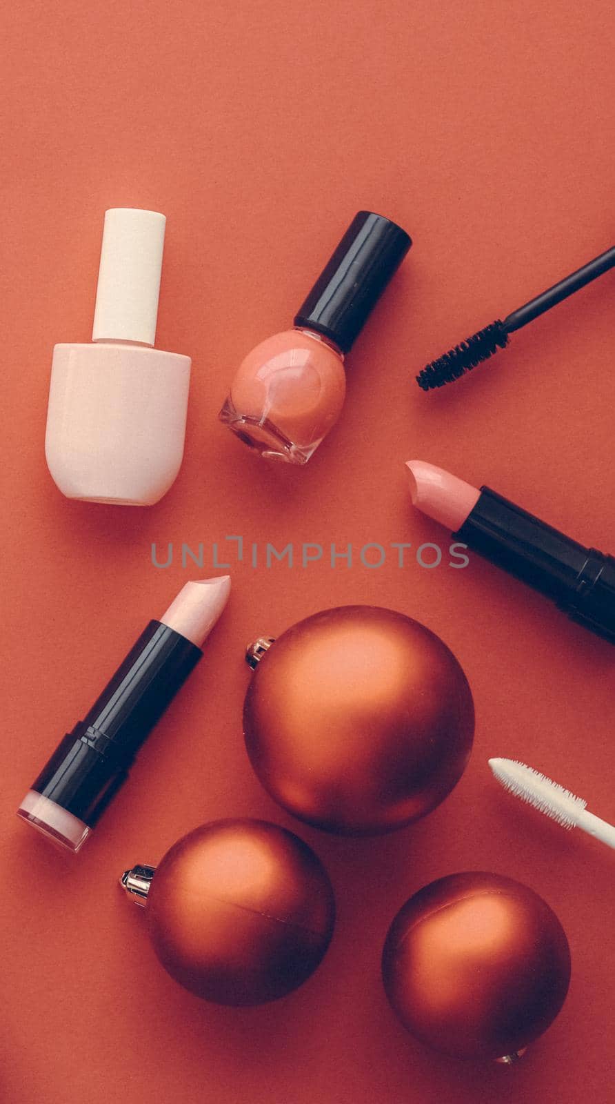 Cosmetic branding, fashion blog cover and girly glamour concept - Make-up and cosmetics product set for beauty brand Christmas sale promotion, vintage orange flatlay background as holiday design
