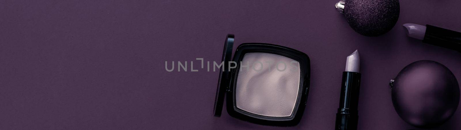 Cosmetic branding, fashion blog cover and girly glamour concept - Make-up and cosmetics product set for beauty brand Christmas sale promotion, luxury plum flatlay background as holiday design