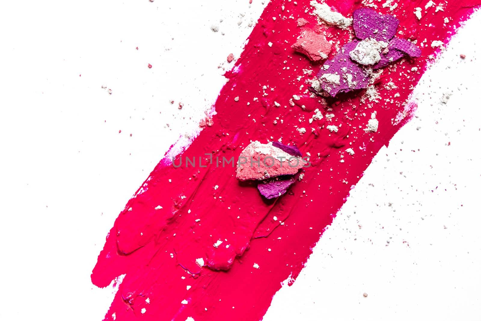 Beauty texture, cosmetic product and art of make-up concept - Artistic lipstick smudge and eyeshadow close-up isolated on white background