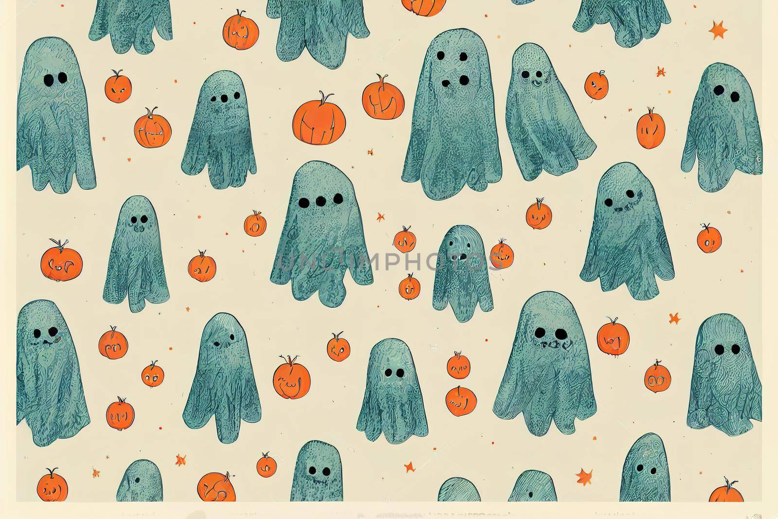 Graphic set of cartoon illustration and pattern with cute ghost. For children's T-shirt print, textile, Halloween decoration, wrapping paper, etc.