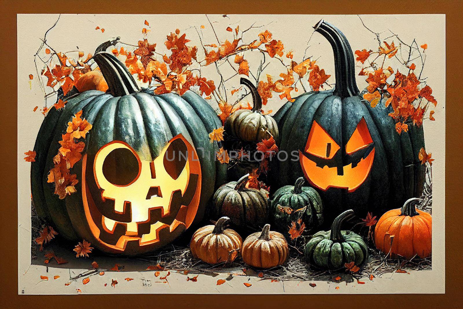 Halloween design with pumpkins . Mixed media