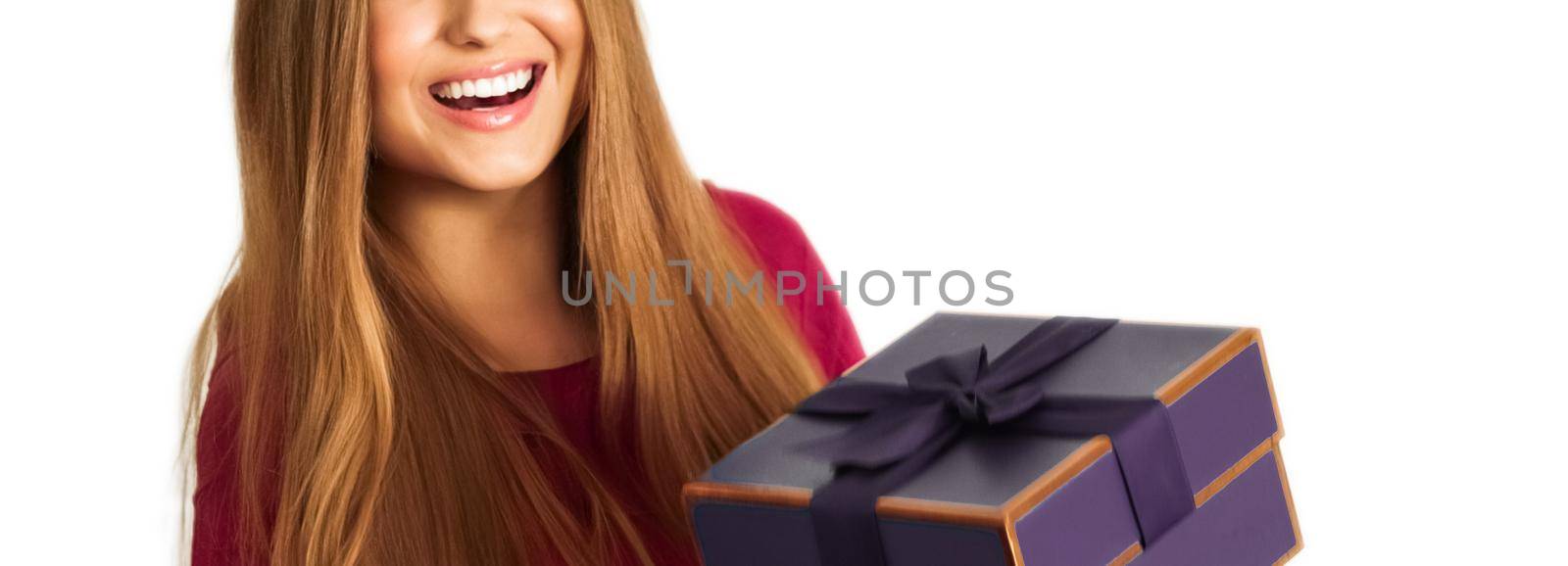 Birthday, Christmas or holiday present, happy woman holding a green gift or luxury beauty box subscription delivery isolated on white background by Anneleven