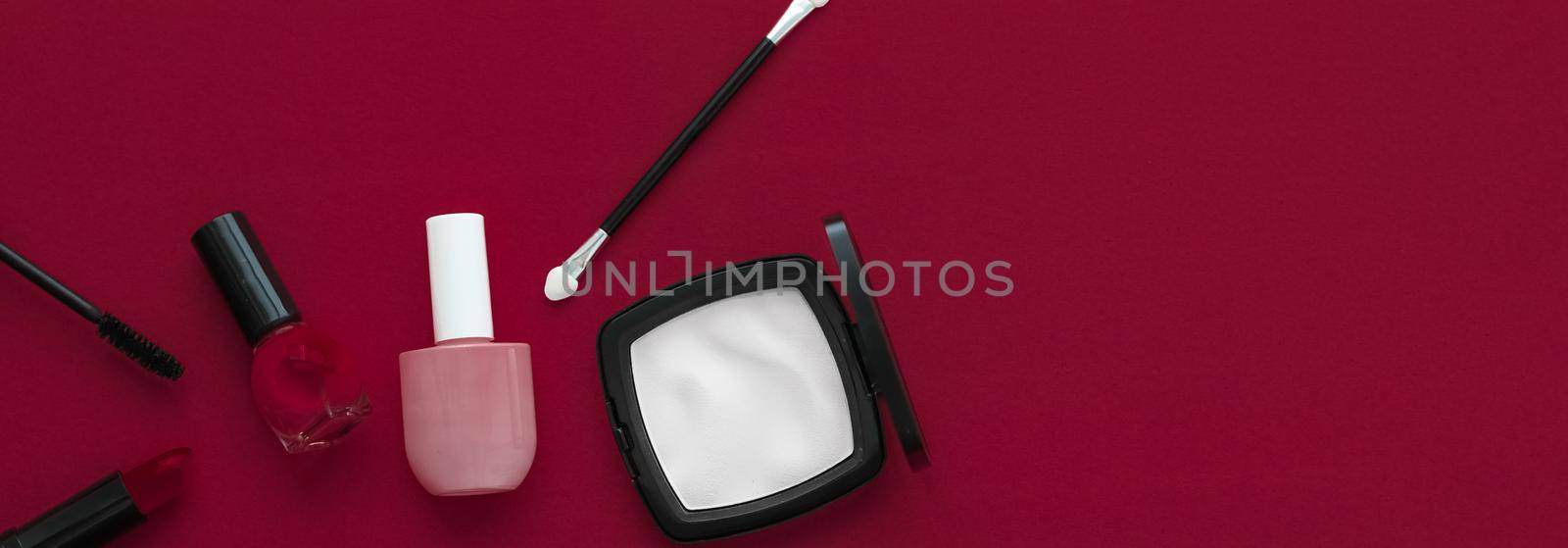 Make-up and cosmetics product set for beauty brand Christmas sale promotion, luxury wine flatlay background as holiday design by Anneleven