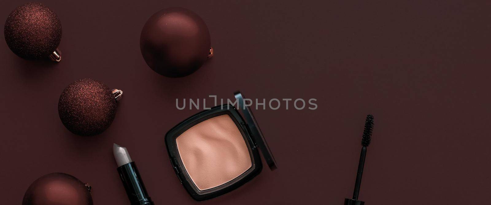 Cosmetic branding, fashion blog cover and girly glamour concept - Make-up and cosmetics product set for beauty brand Christmas sale promotion, luxury chocolate flatlay background as holiday design