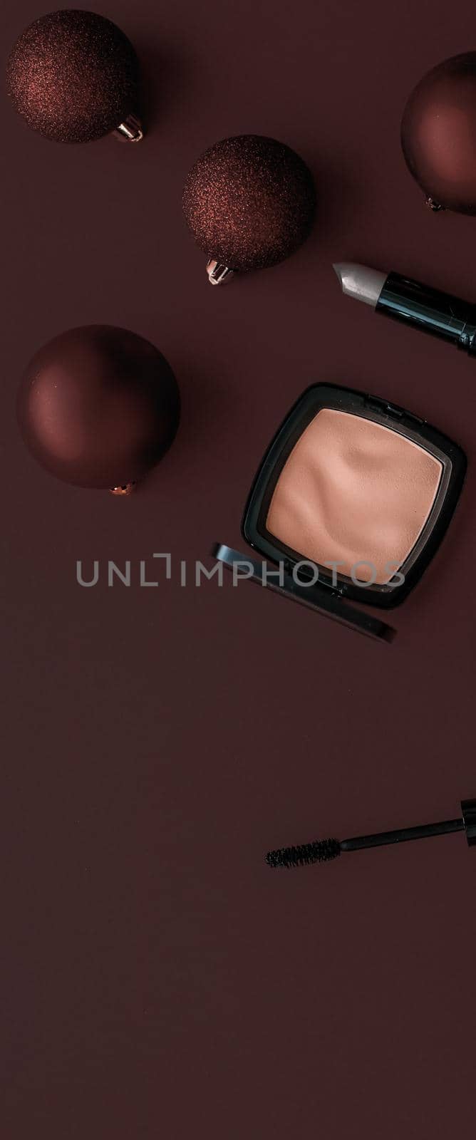 Cosmetic branding, fashion blog cover and girly glamour concept - Make-up and cosmetics product set for beauty brand Christmas sale promotion, luxury chocolate flatlay background as holiday design