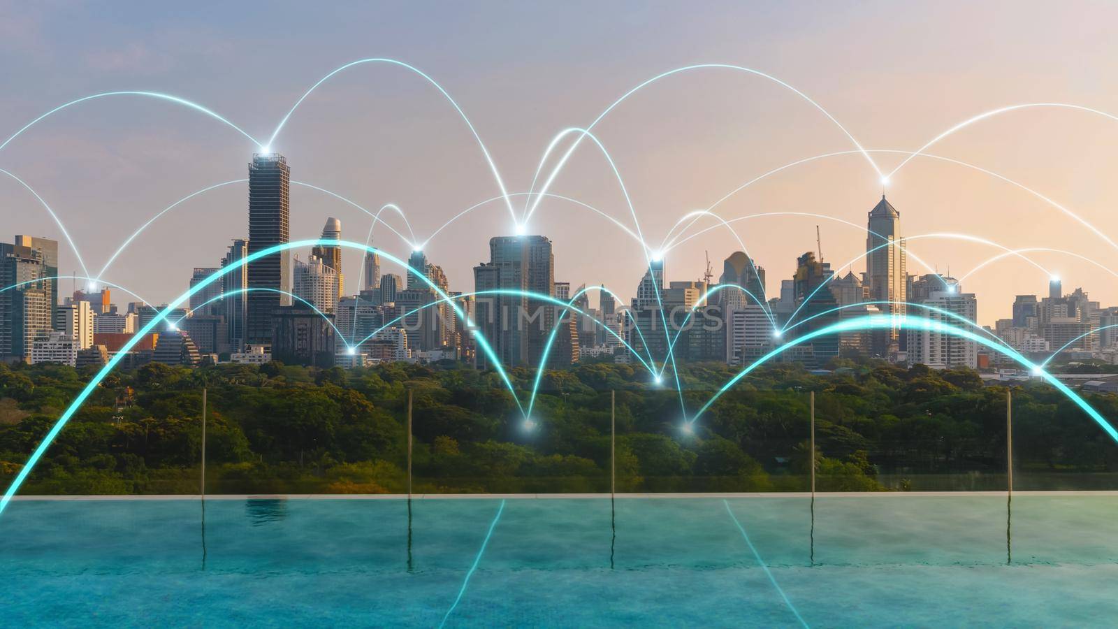 Smart digital city with connection network reciprocity over the cityscape . Concept of future smart wireless digital city and social media networking systems that connects people within the city .