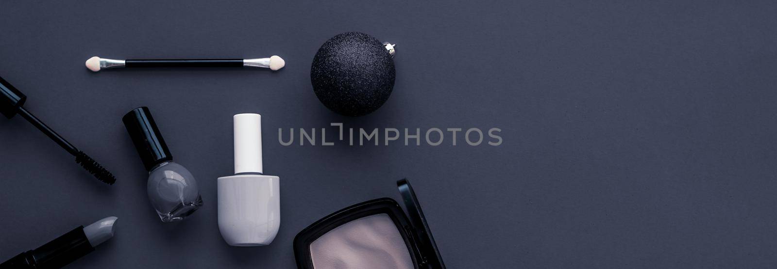 Cosmetic branding, fashion blog cover and girly glamour concept - Make-up and cosmetics product set for beauty brand Christmas sale promotion, luxury black flatlay background as holiday design