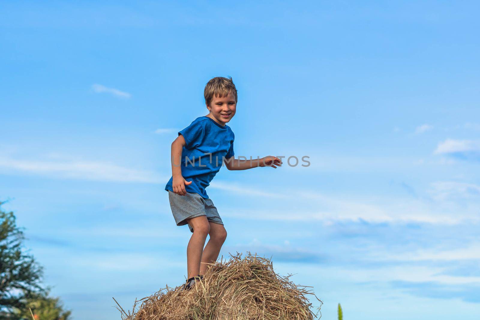 Boy smile play dance grimace show off blue t-shirt stand on haystack bales of dry grass, clear sky sunny day. Balance training. Concept happy childhood, children outdoors, clean air close to nature.