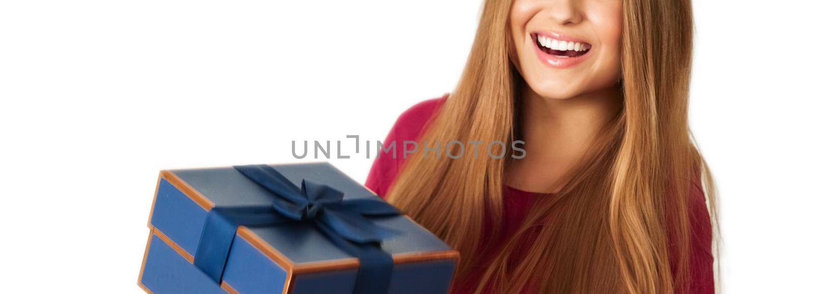 Birthday, Christmas or holiday present, happy woman holding a green gift or luxury beauty box subscription delivery isolated on white background by Anneleven