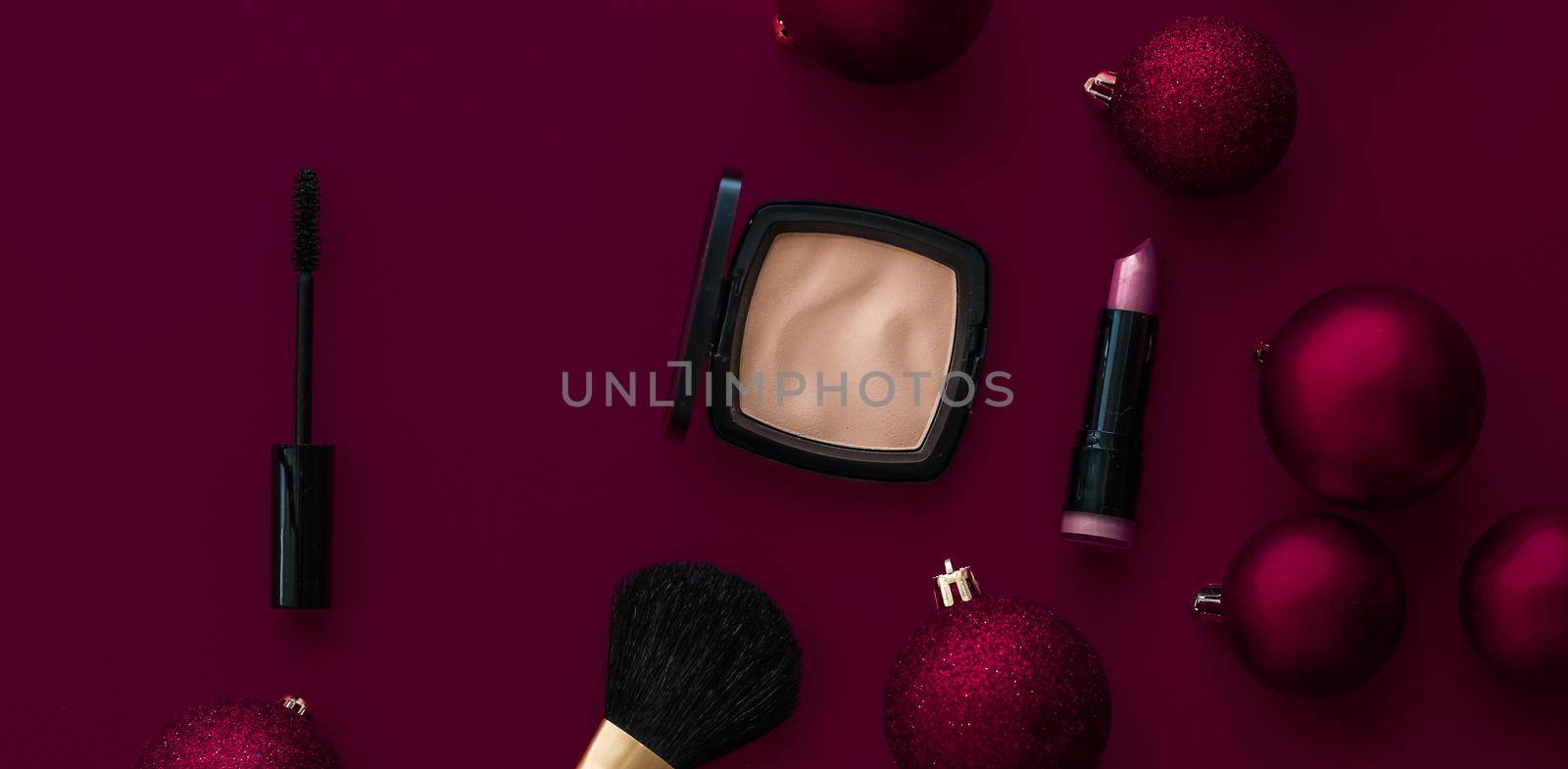 Cosmetic branding, fashion blog cover and girly glamour concept - Make-up and cosmetics product set for beauty brand Christmas sale promotion, luxury burgundy flatlay background as holiday design