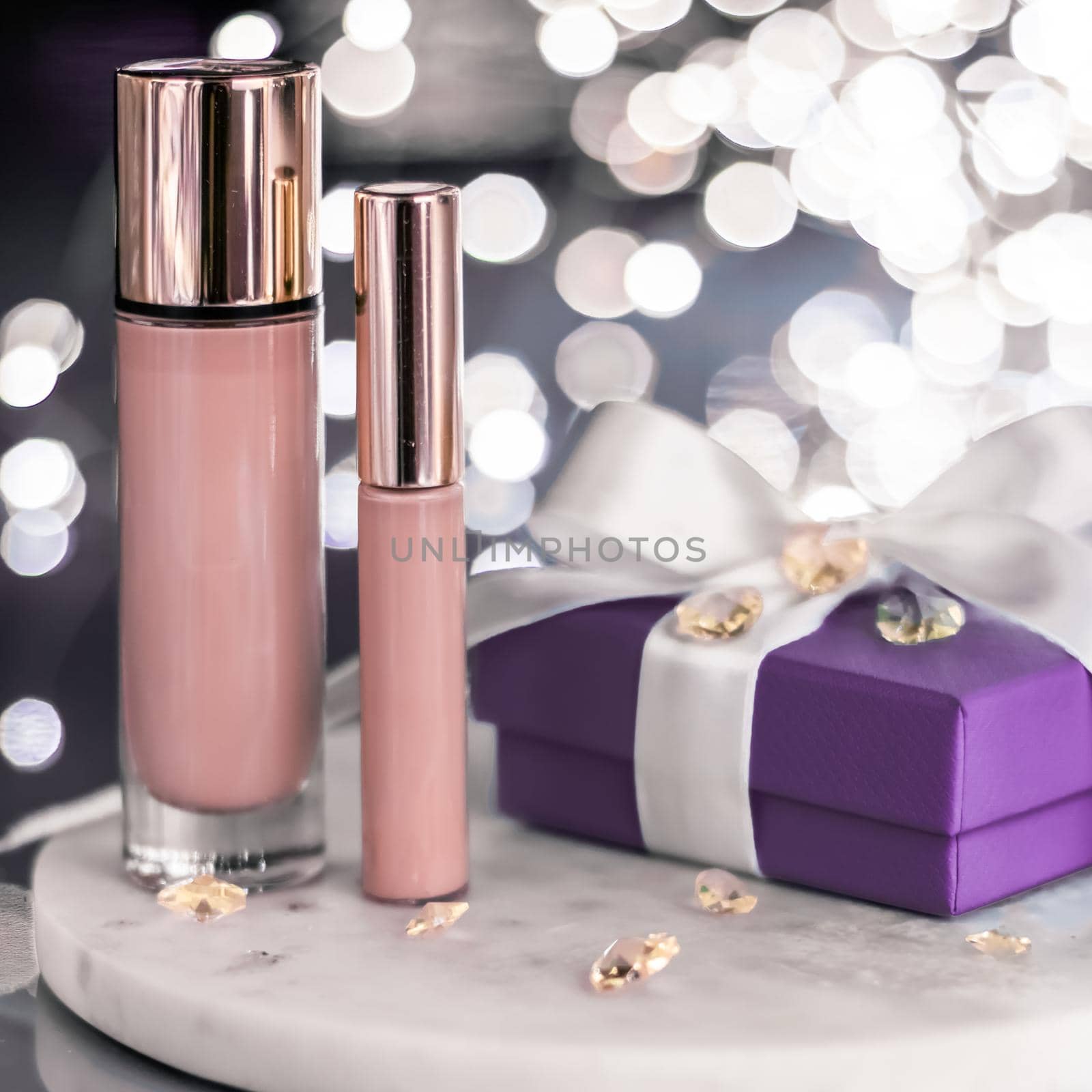 Holiday make-up foundation base, concealer and purple gift box, luxury cosmetics present and blank label products for beauty brand design by Anneleven