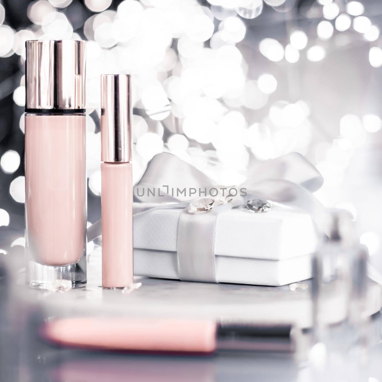 Holiday make-up foundation base, concealer and white gift box, luxury cosmetics present and blank label products for beauty brand design by Anneleven