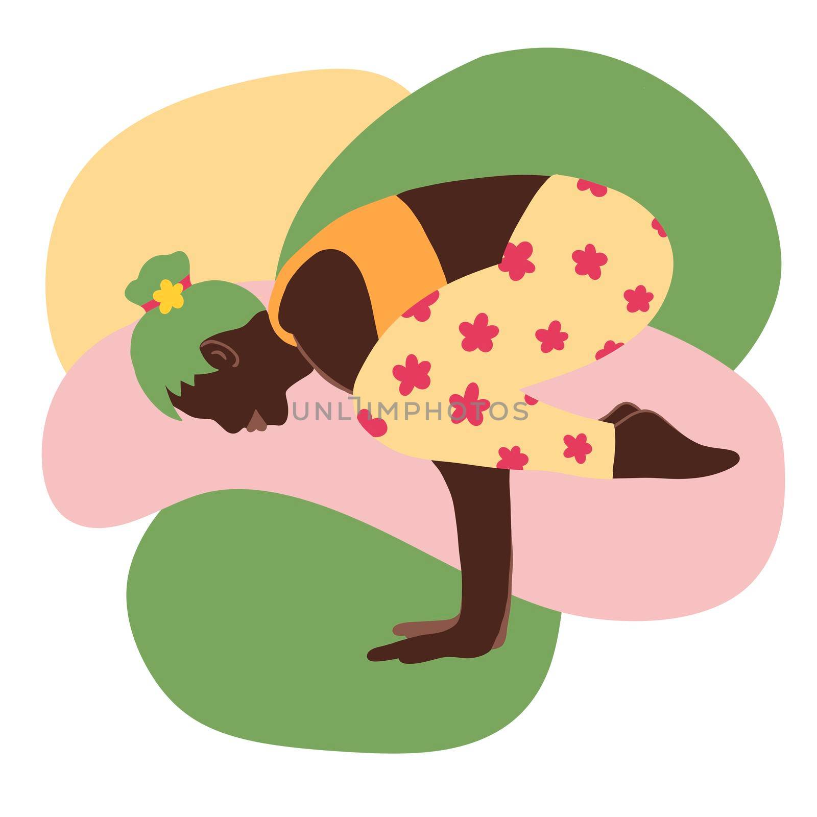 Hand drawn illustration of black African American woman in yoga pose. Modern green pink design for balance harmony wellness self help concept. Relaxation exercise fitness body sport