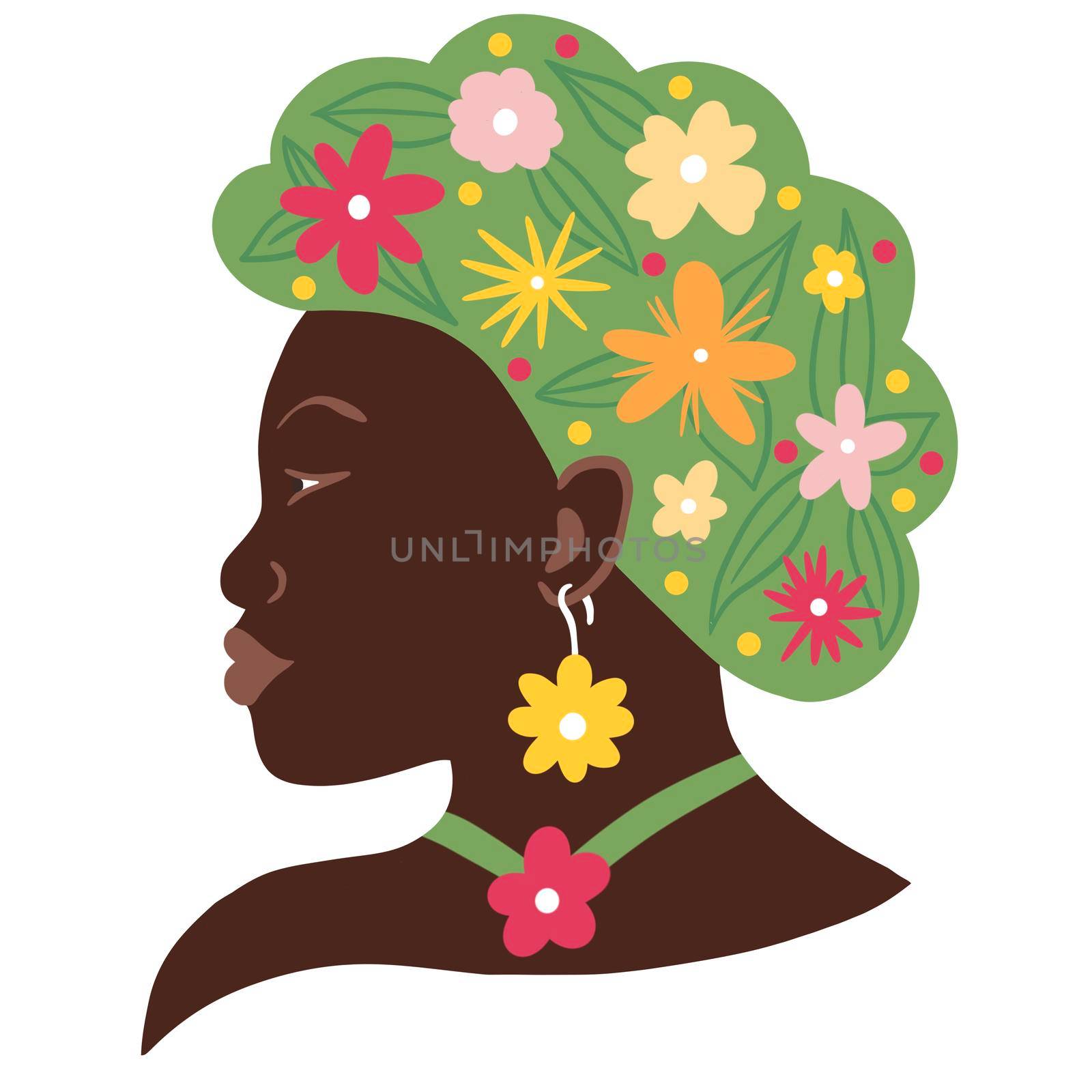 Hand drawn illustration of black African American woman with flowers in hair head in profile. Mental health wellbeing harmony mind psychology concept, healing energy think green design, summer fashion. by Lagmar