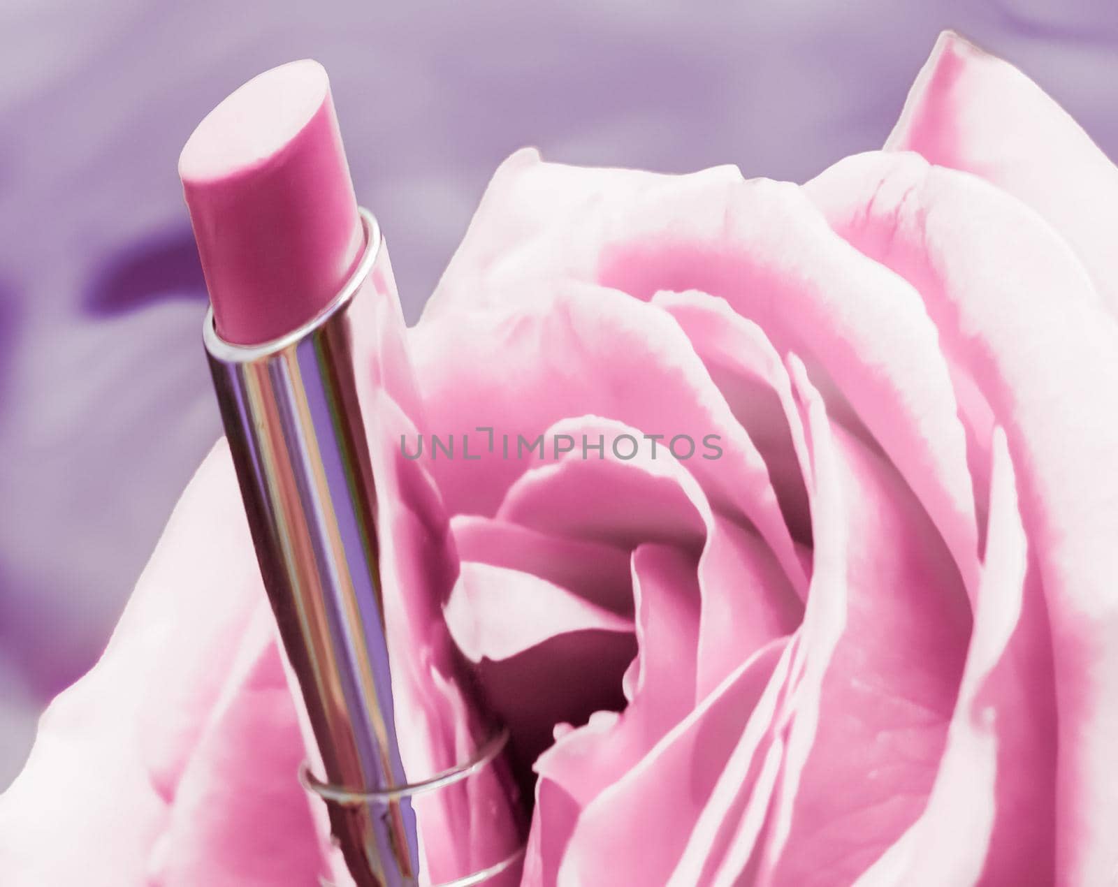 Cosmetic branding, luxe and fashion concept - Pink lipstick and rose flower on liquid background, waterproof glamour make-up and lip gloss cosmetics product for luxury beauty brand holiday design