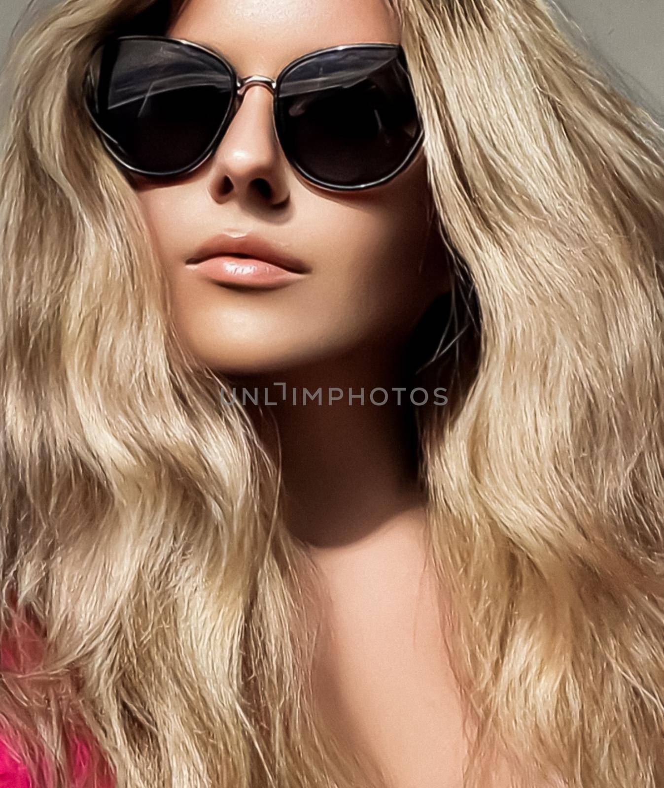 Luxury fashion, blonde hairstyle and accessories, beauty face portrait of a woman with long blond hair, wearing chic sunglasses, glamour style by Anneleven