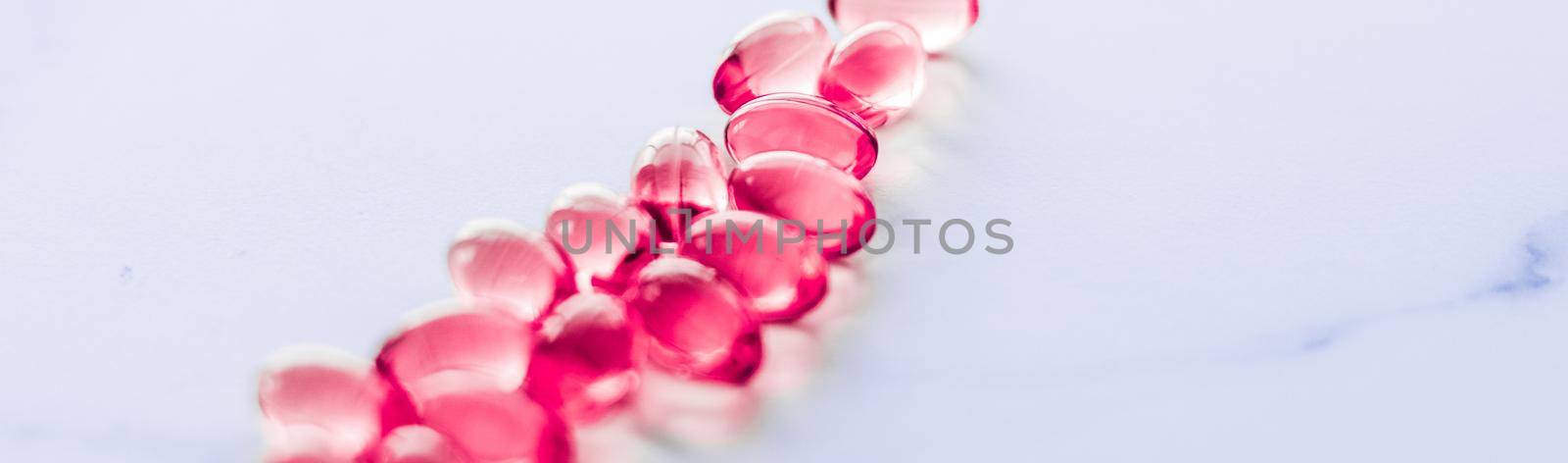 Pharmaceutical, branding and science concept - Red pills for healthy diet nutrition, supplements pill and probiotics capsules, healthcare and medicine as pharmacy and scientific research background