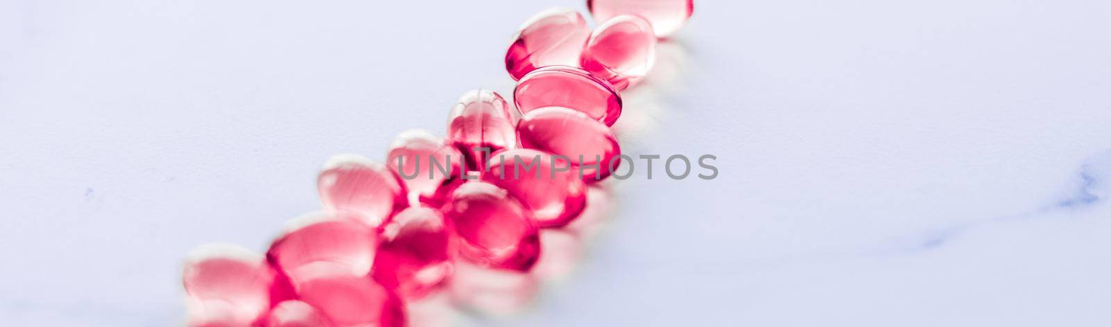 Red pills for healthy diet nutrition, supplements pill and probiotics capsules, healthcare and medicine as pharmacy and scientific research background by Anneleven