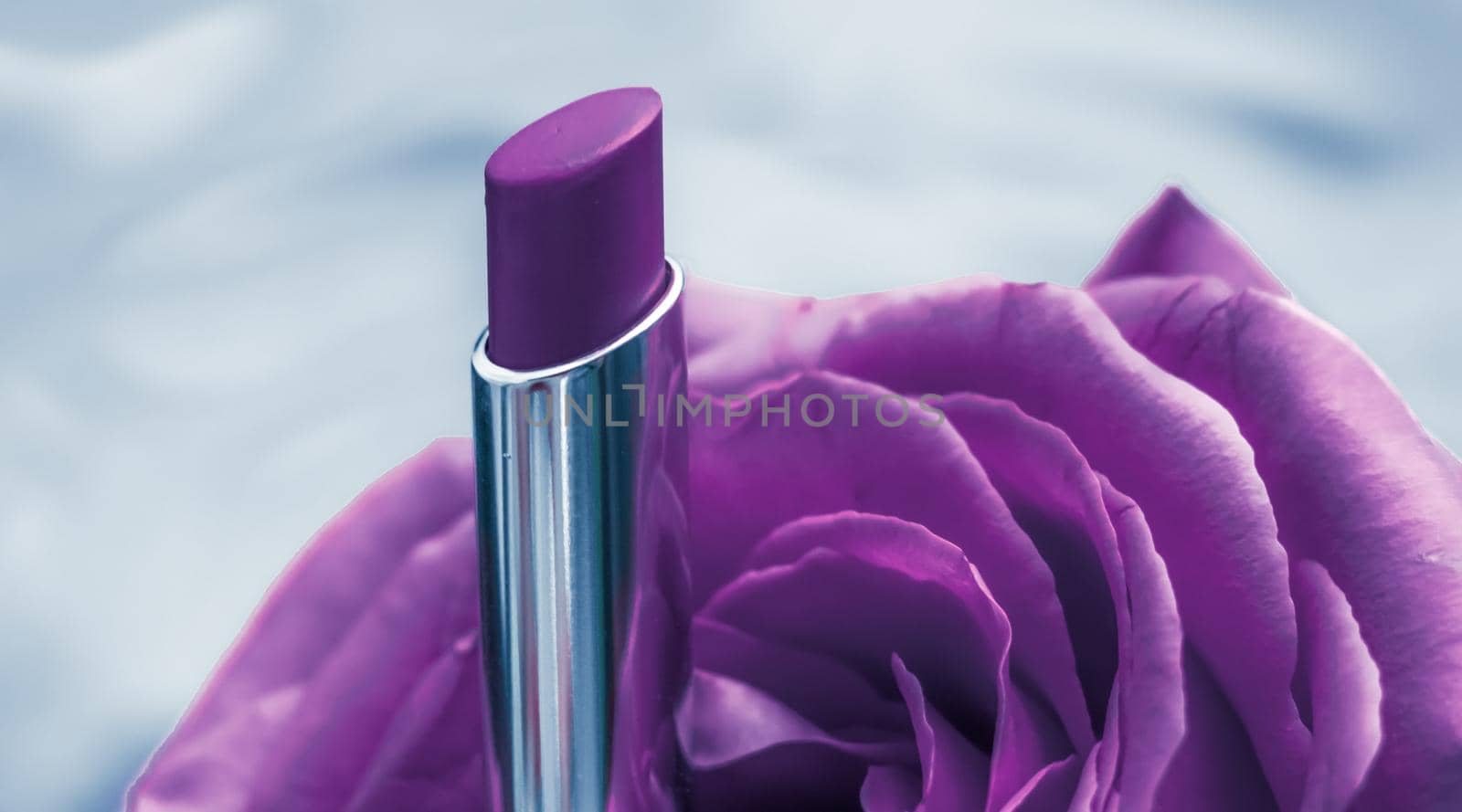 Purple lipstick and rose flower on liquid background, waterproof glamour make-up and lip gloss cosmetics product for luxury beauty brand holiday design by Anneleven