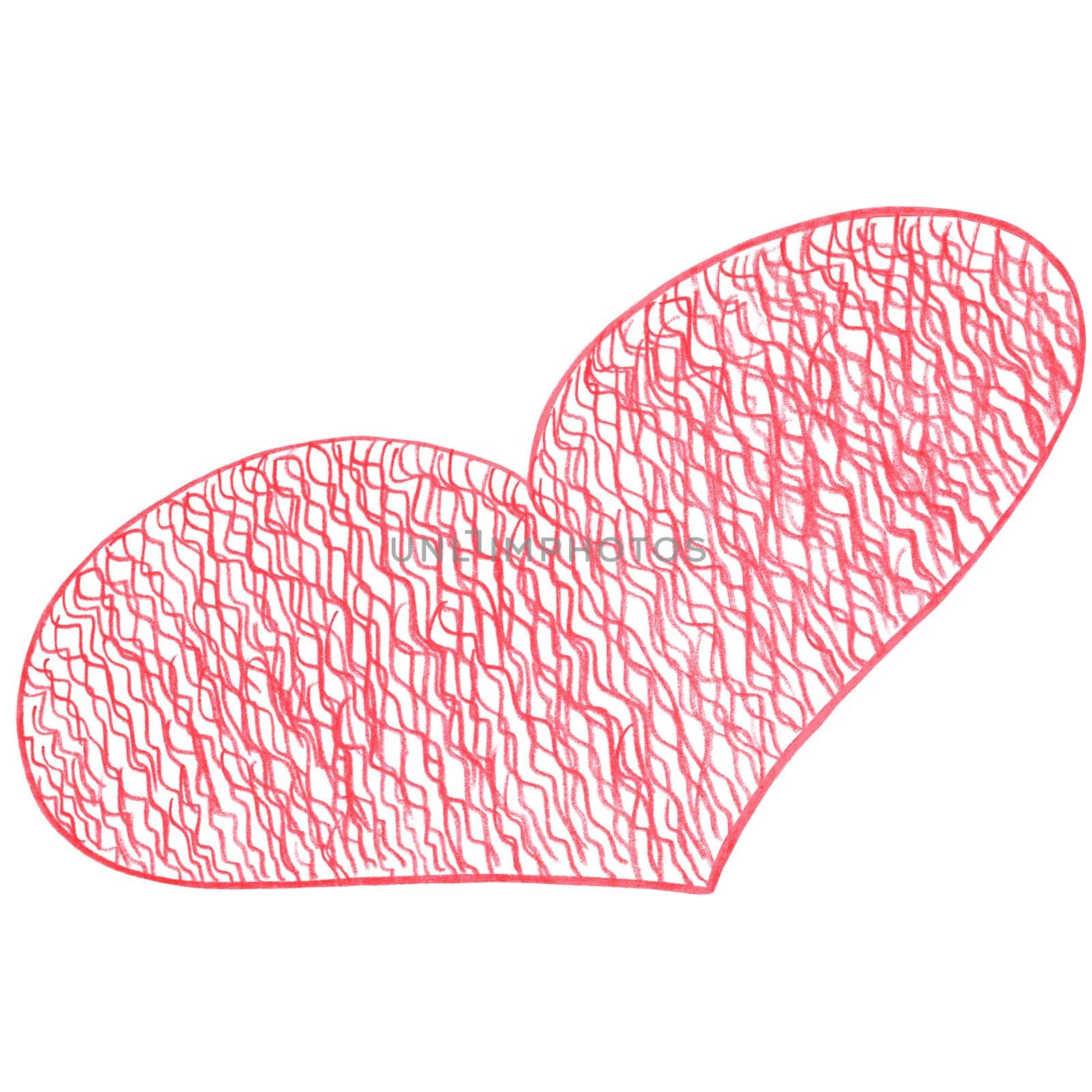 Red Heart Drawn by Colored Pencil. The Sign of World Heart Day. Symbol of Valentines Day. Heart Shape Isolated on White Background.