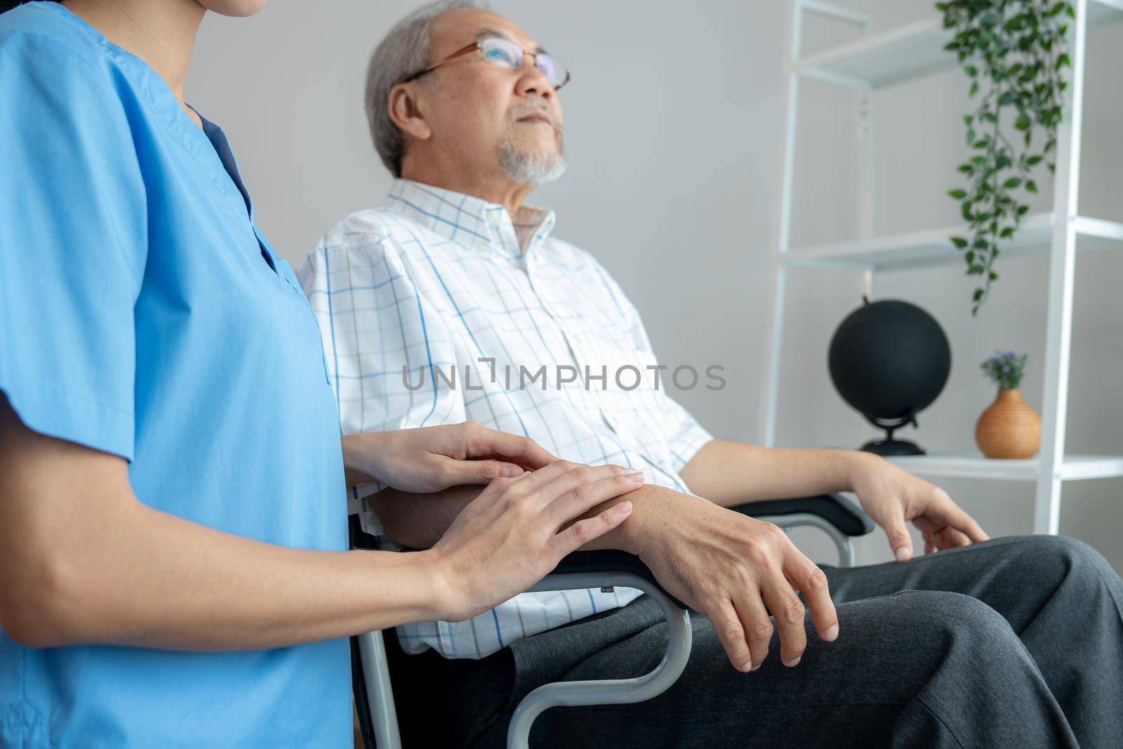 Caring nurse and a contented senior man in a wheel chair at home. by biancoblue