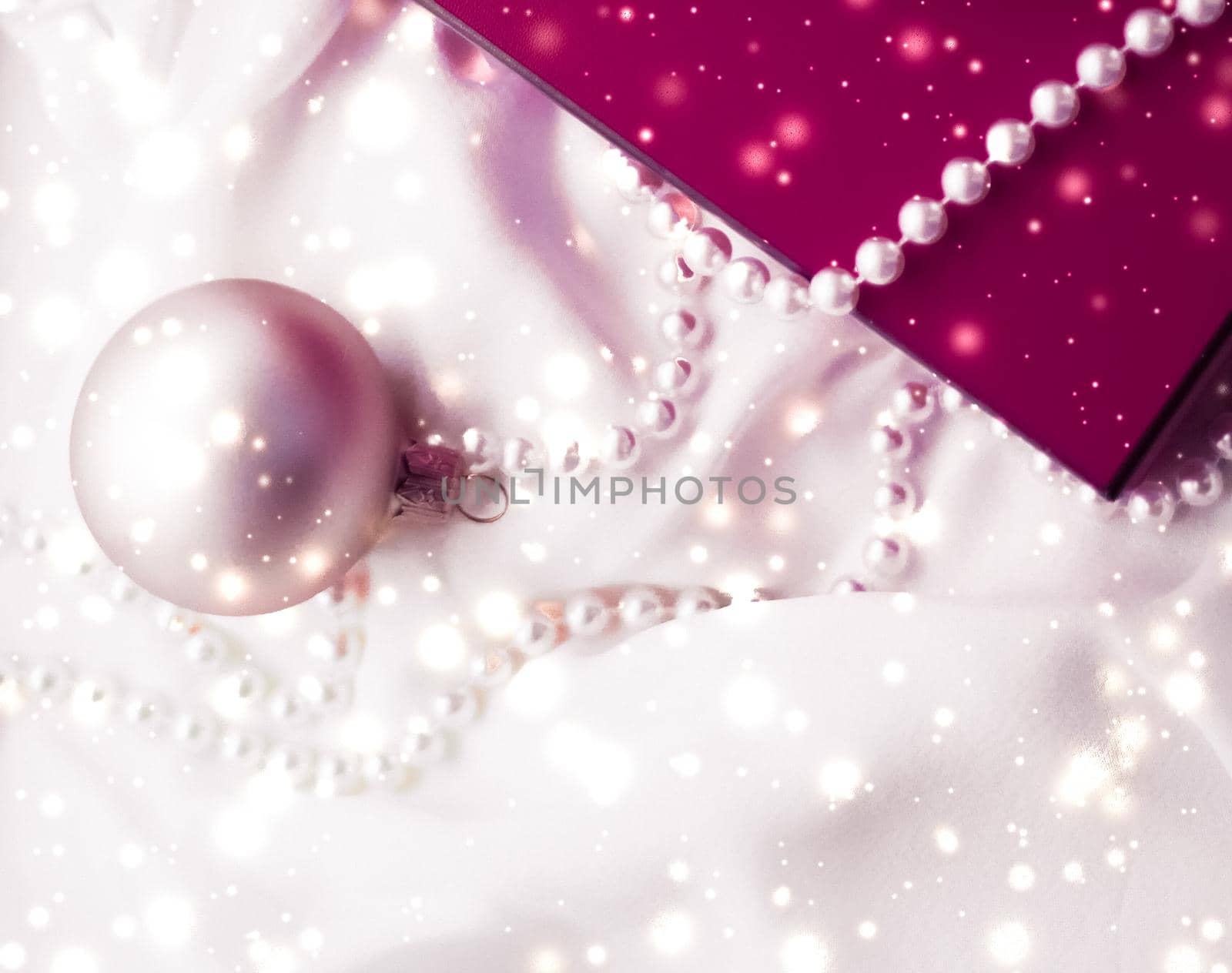 Holidays branding, glamour and decoration concept - Christmas magic holiday background, festive baubles, maroon vintage gift box and golden glitter as winter season present for luxury brand design