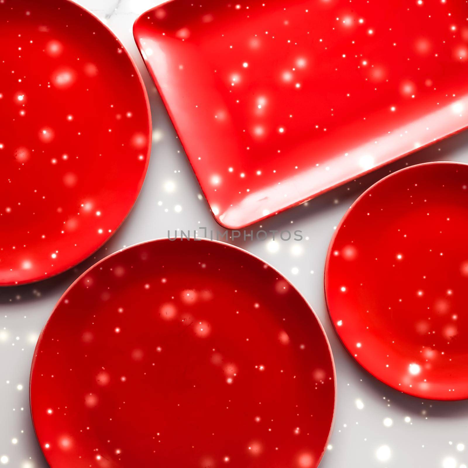 Red empty plate on marble table flatlay background, tableware decoration for romantic holiday dinner in Christmas time and Valentines Day by Anneleven