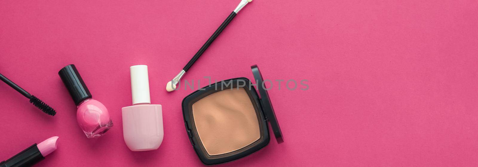 Cosmetic branding, fashion blog cover and girly glamour concept - Make-up and cosmetics product set for beauty brand Christmas sale promotion, luxury pink flatlay background as holiday design