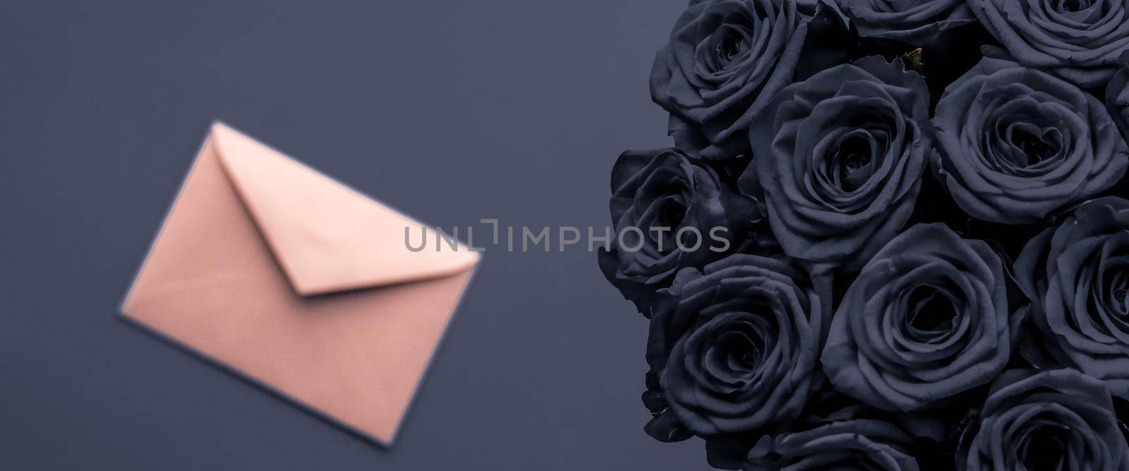 Holidays gift, floral present and happy relationship concept - Love letter and flowers delivery on Valentines Day, luxury bouquet of roses and card on charcoal background for romantic holiday design