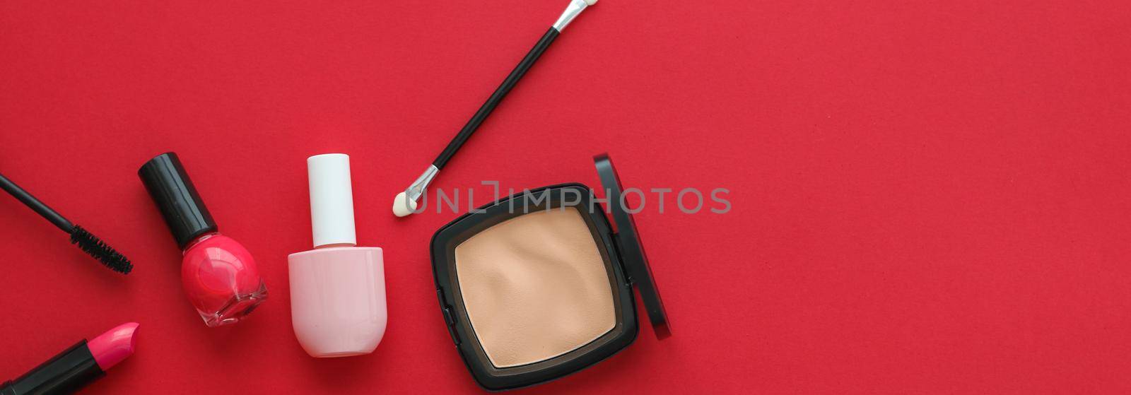 Make-up and cosmetics product set for beauty brand Christmas sale promotion, luxury red flatlay background as holiday design by Anneleven