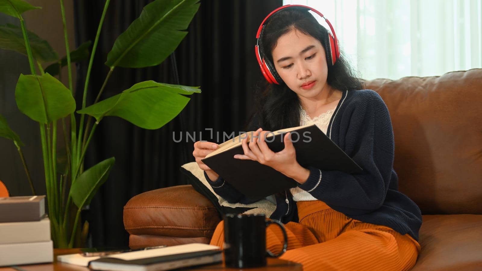Satisfied young woman listening to music in headphone and reading book on couch at home. Leisure activity, positive mood concept.