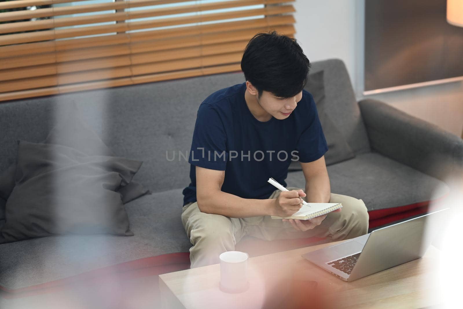 Asian man freelancer sitting on couch and making notes on notebook during working online from home with laptop computer.