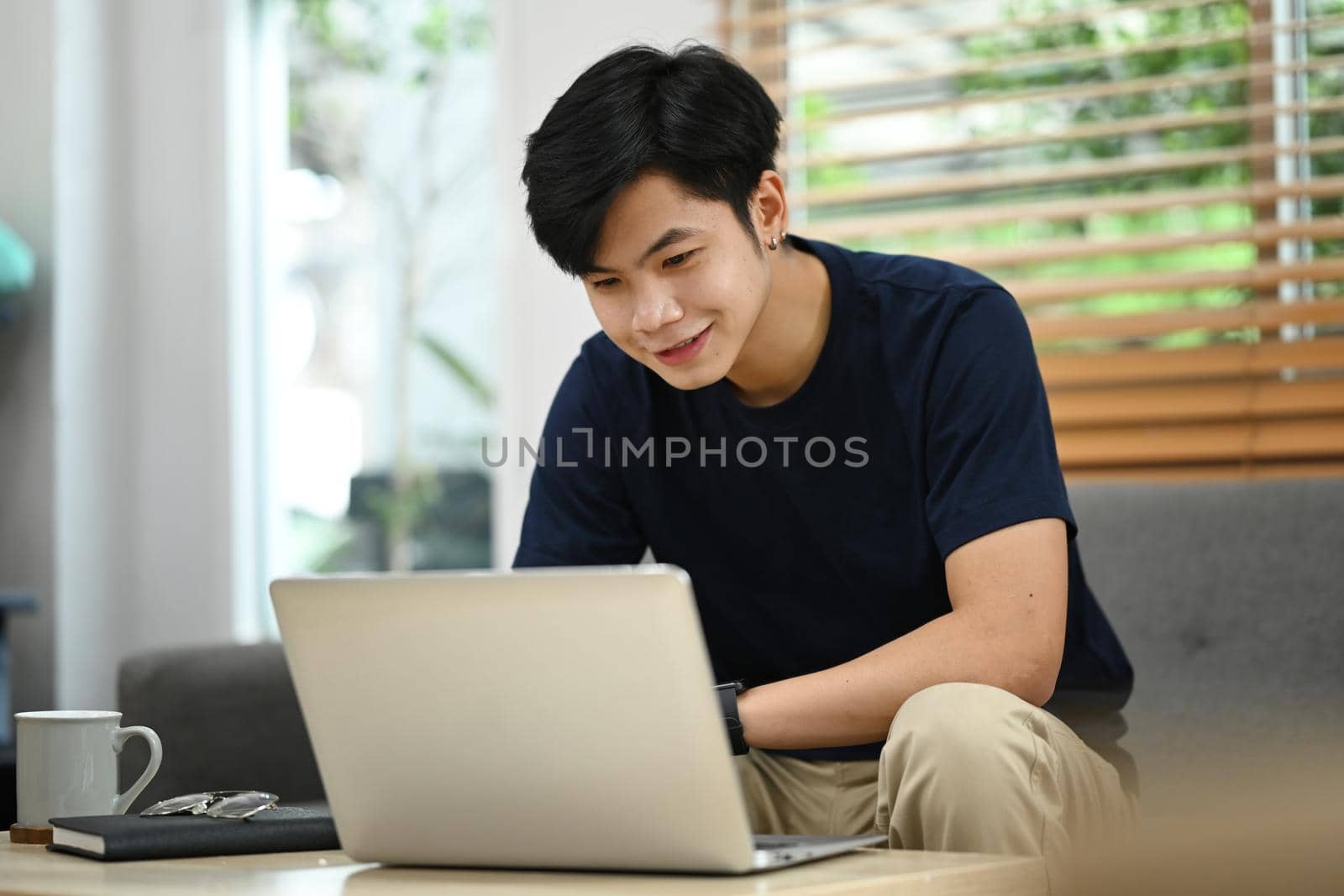 Asian man in casual clothes sitting on couch in bright living room and using laptop computer.