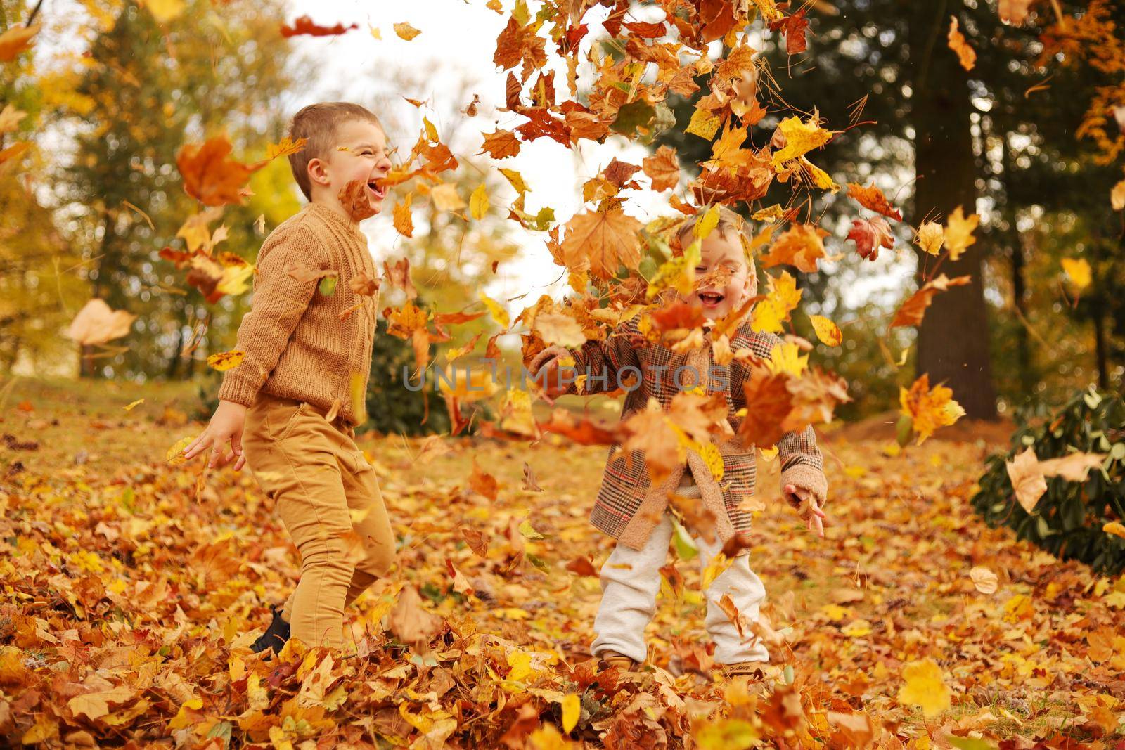 Outdoor fun in autumn. Children playing with autumn fallen leaves in park. Happy little friends