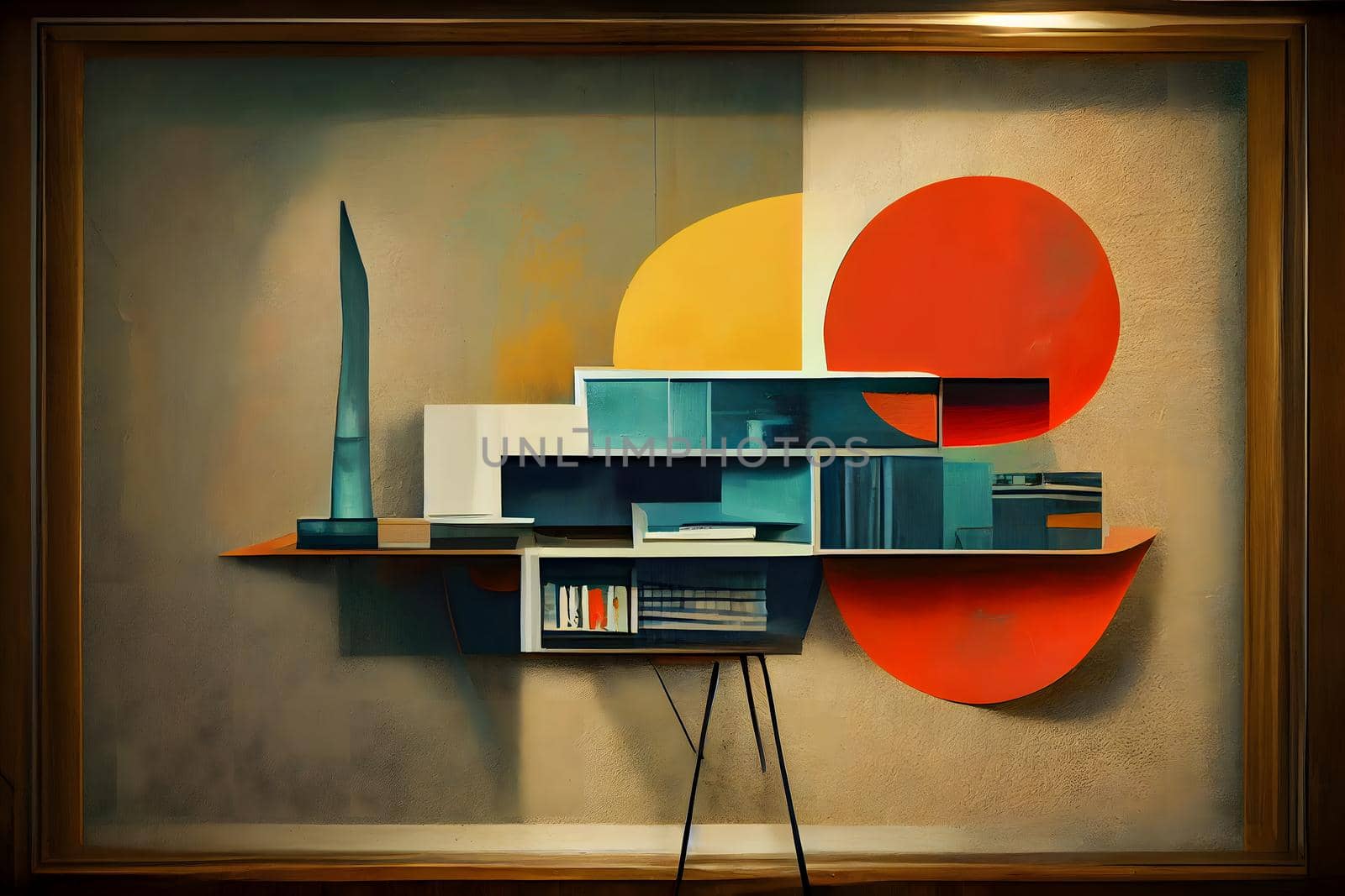 mid century modern abstract art, neural network generated picture. Digitally generated image. Not based on any actual scene or pattern.
