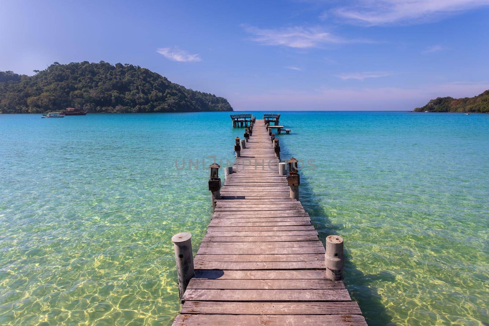 Beach wooden pier turquoise sea koh kood island , Thailand