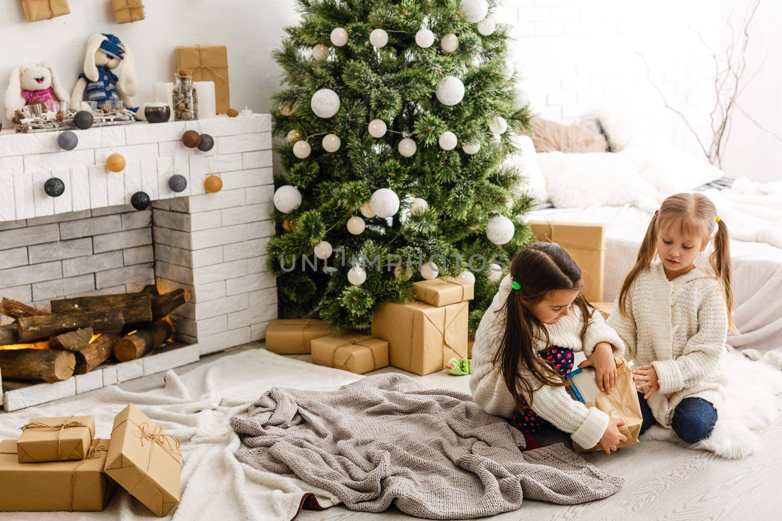 two little girls Sharing a Surprise on Christmas Morning.